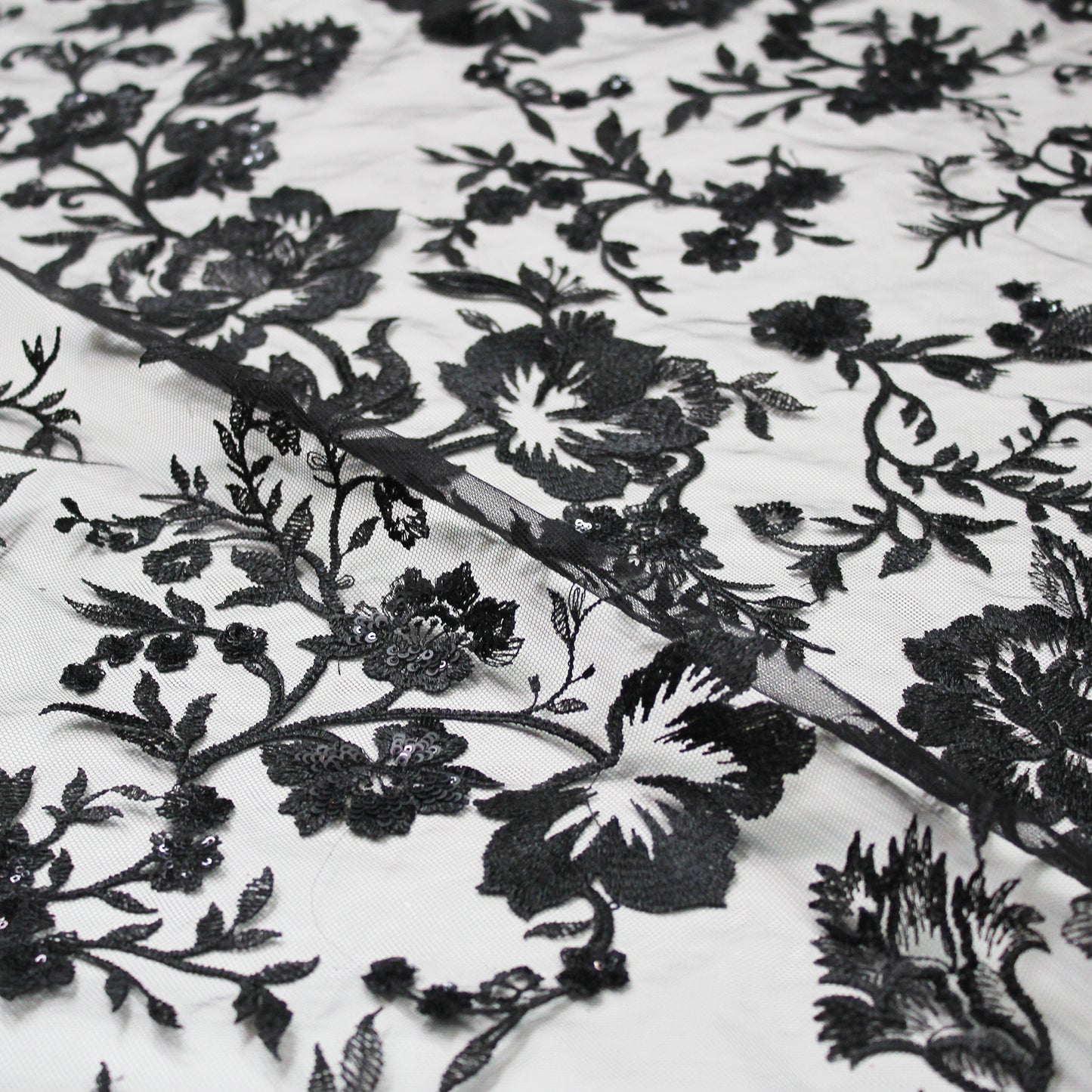 Embroidered Tulle with Shiny Thread and Sequin Flowers