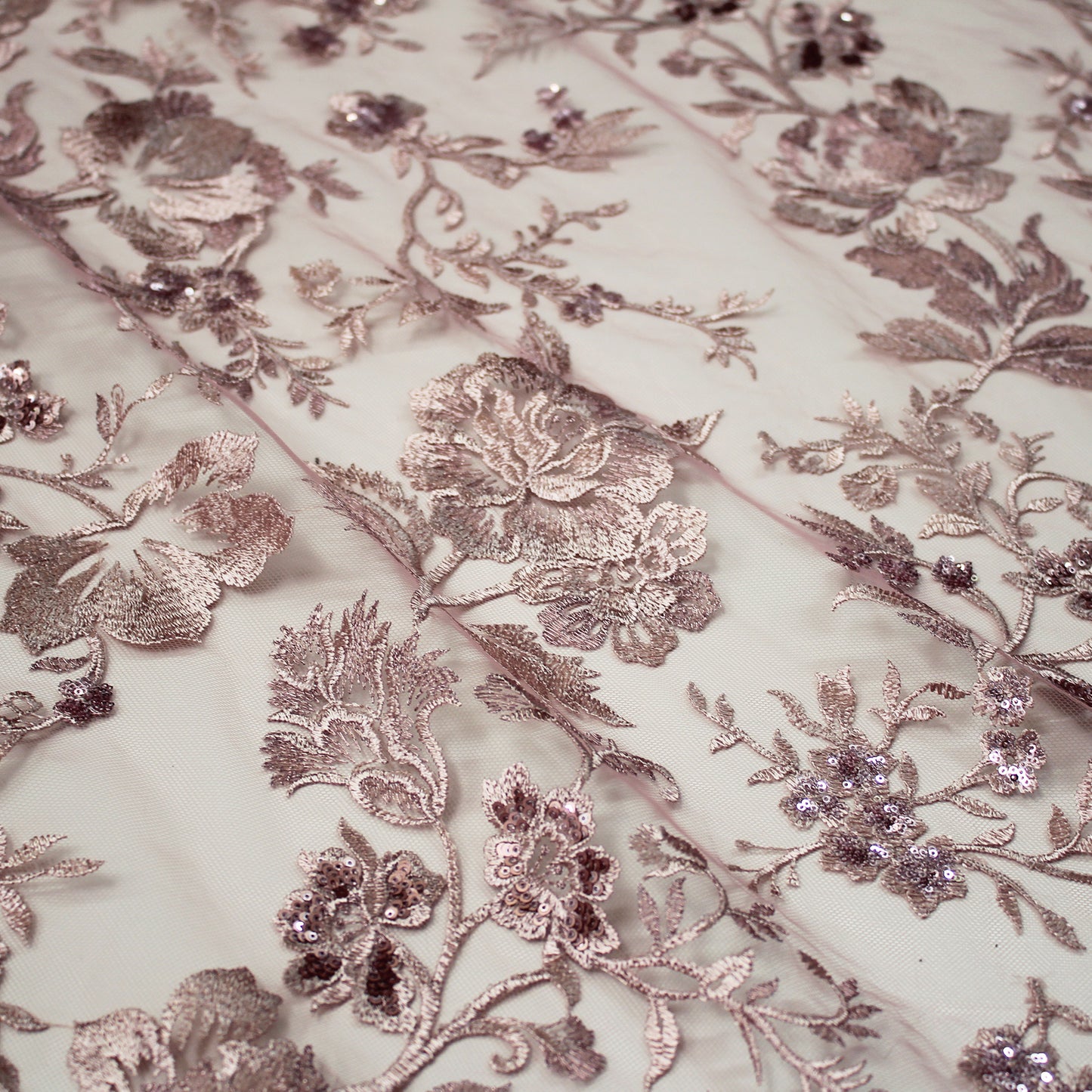 Embroidered Tulle with Shiny Thread and Sequin Flowers