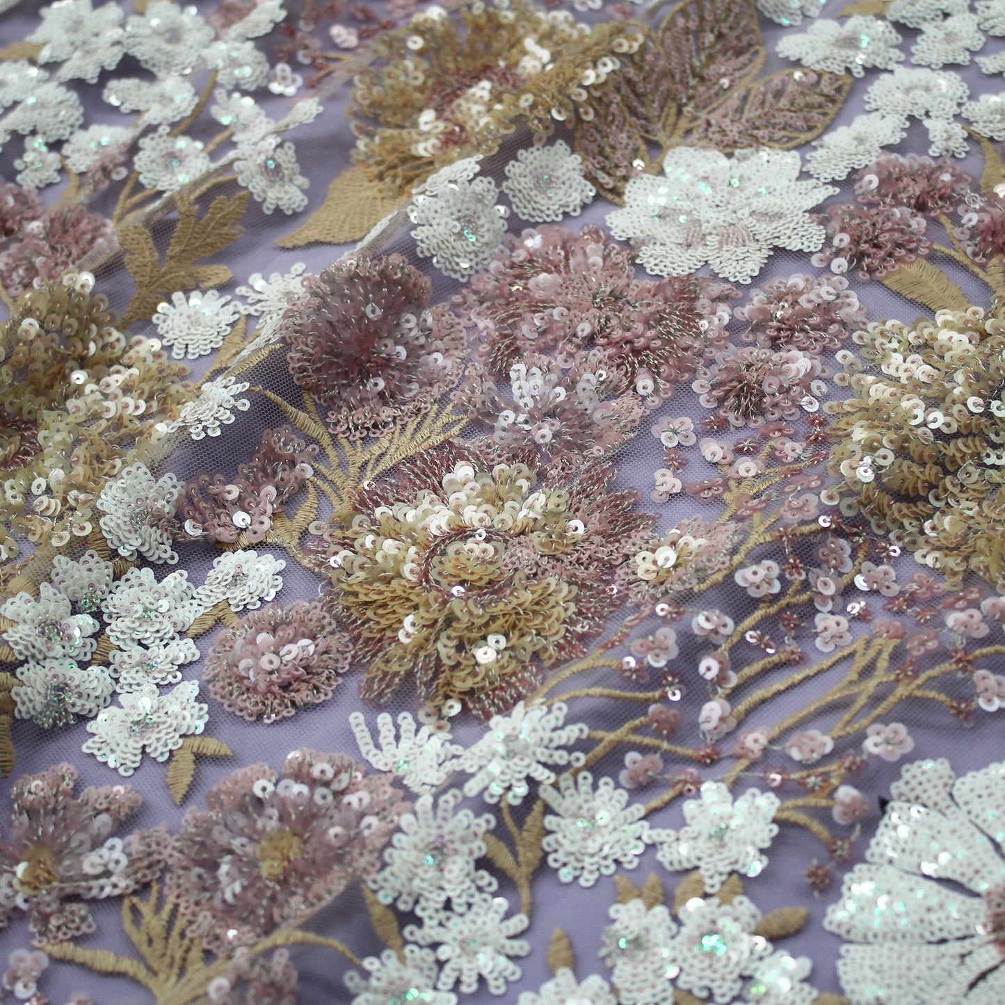Embroidered Tulle with Thread and Paillettes, Floral Design