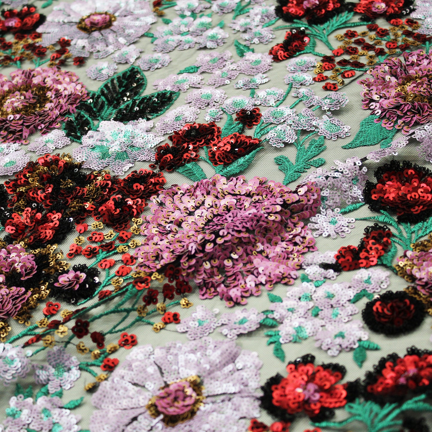 Embroidered Tulle with Thread and Paillettes, Floral Design