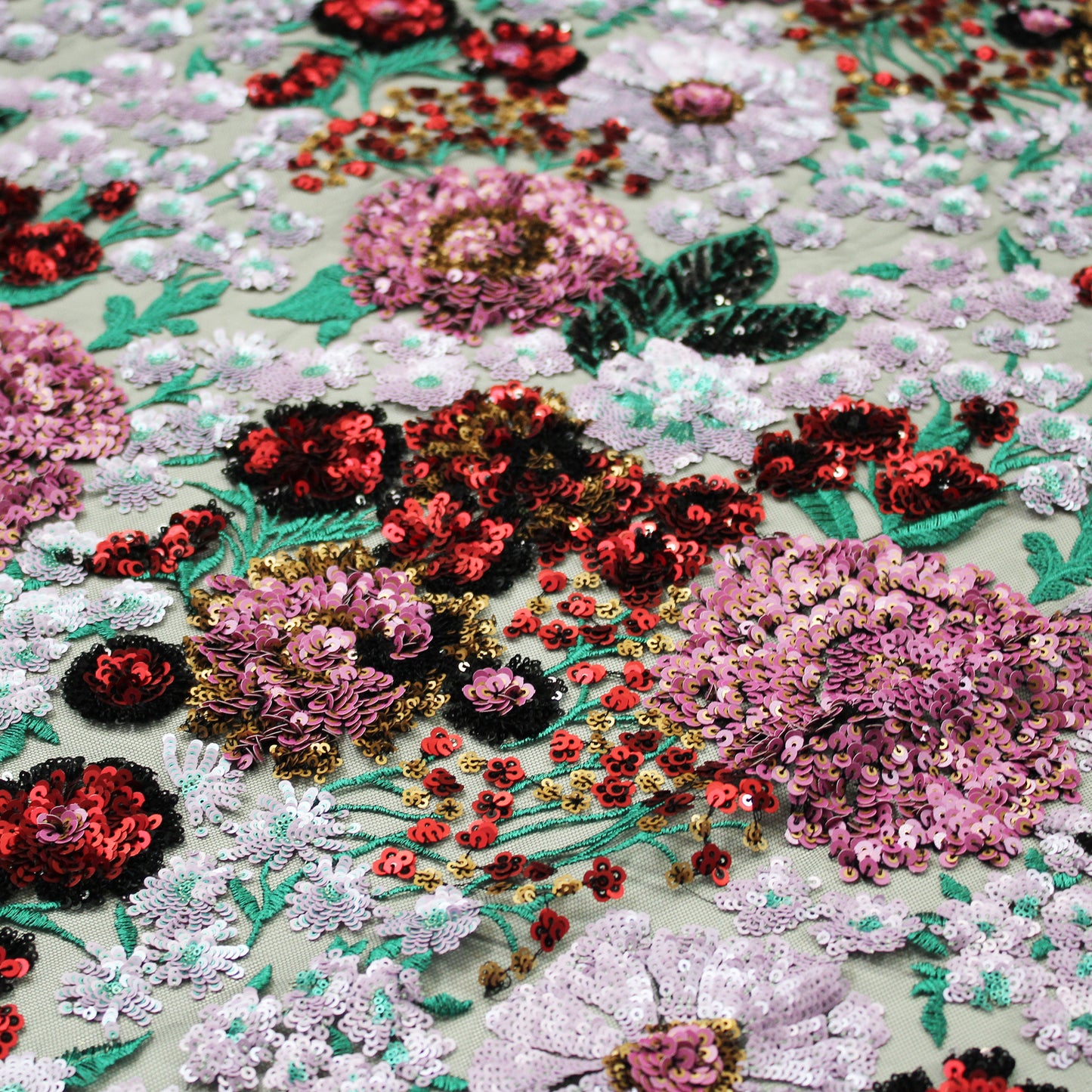 Embroidered Tulle with Thread and Paillettes, Floral Design