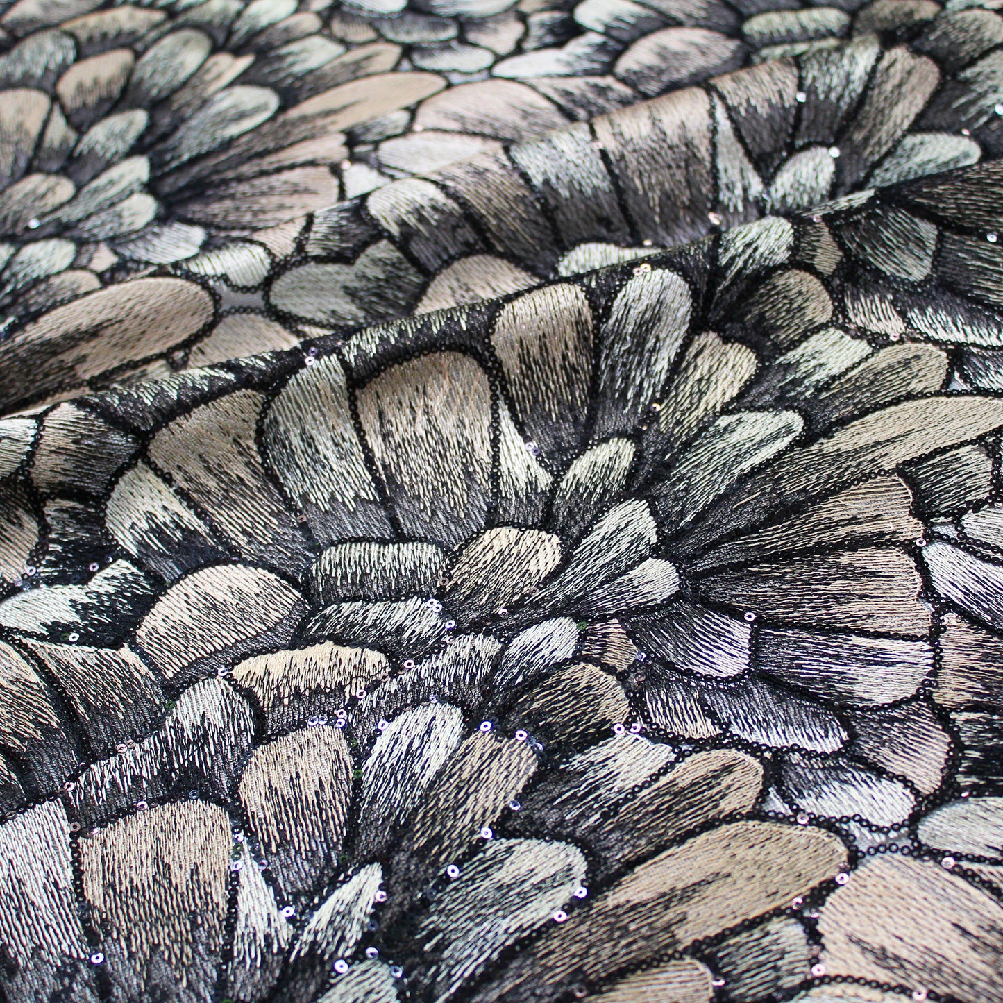 Tulle Embroidered with Thread and Paillettes, Flower Petals