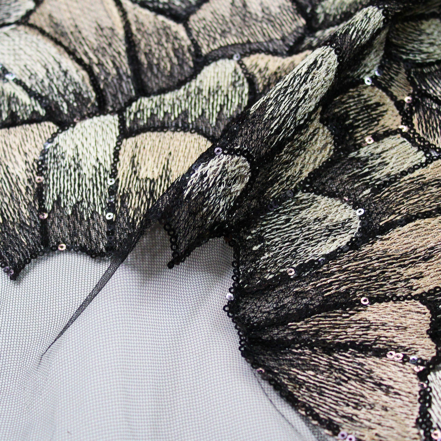 Tulle Embroidered with Thread and Paillettes, Flower Petals