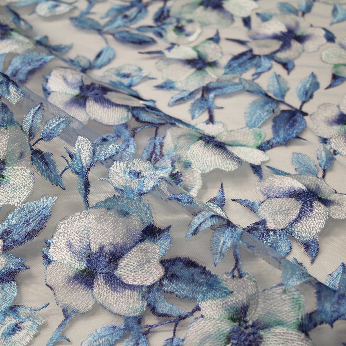 Embroidered Tulle with Printed Floral Thread