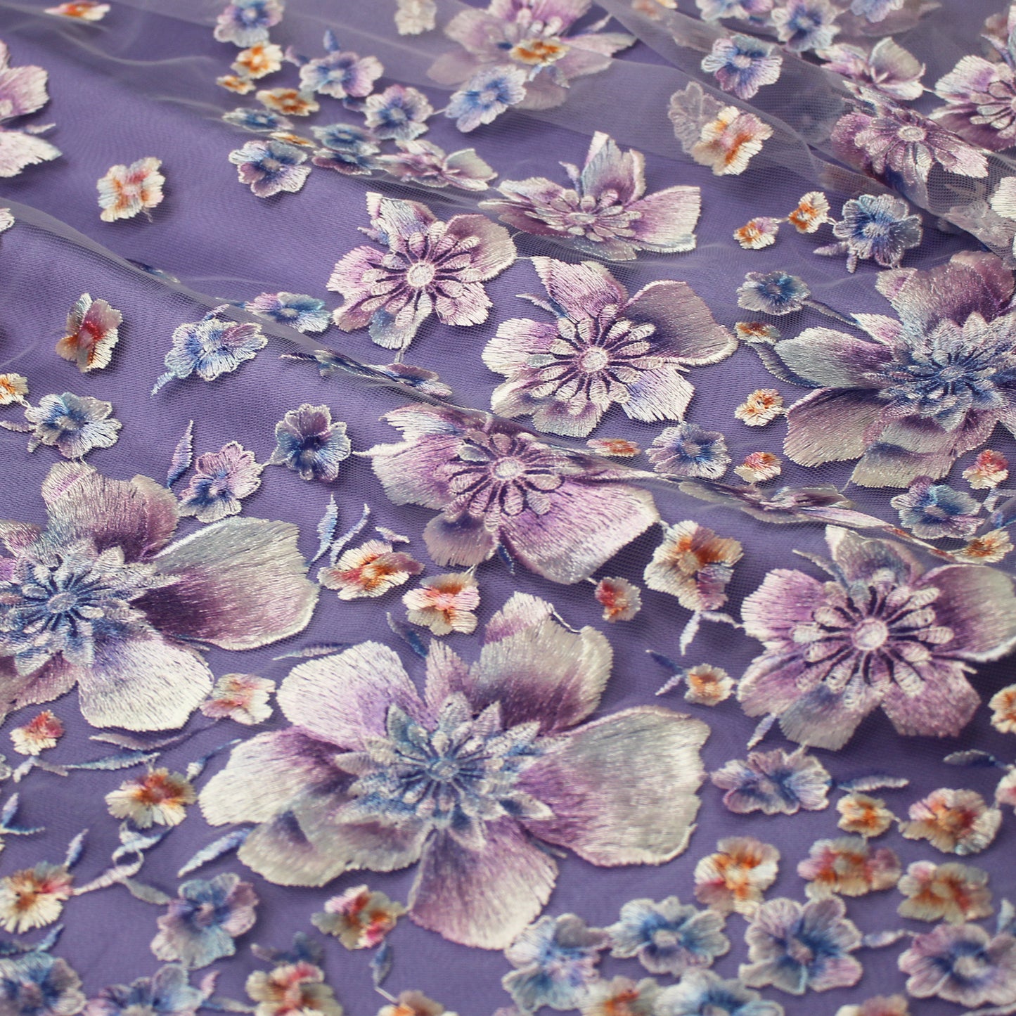 Embroidered Tulle with Printed Thread and Degradé Flowers