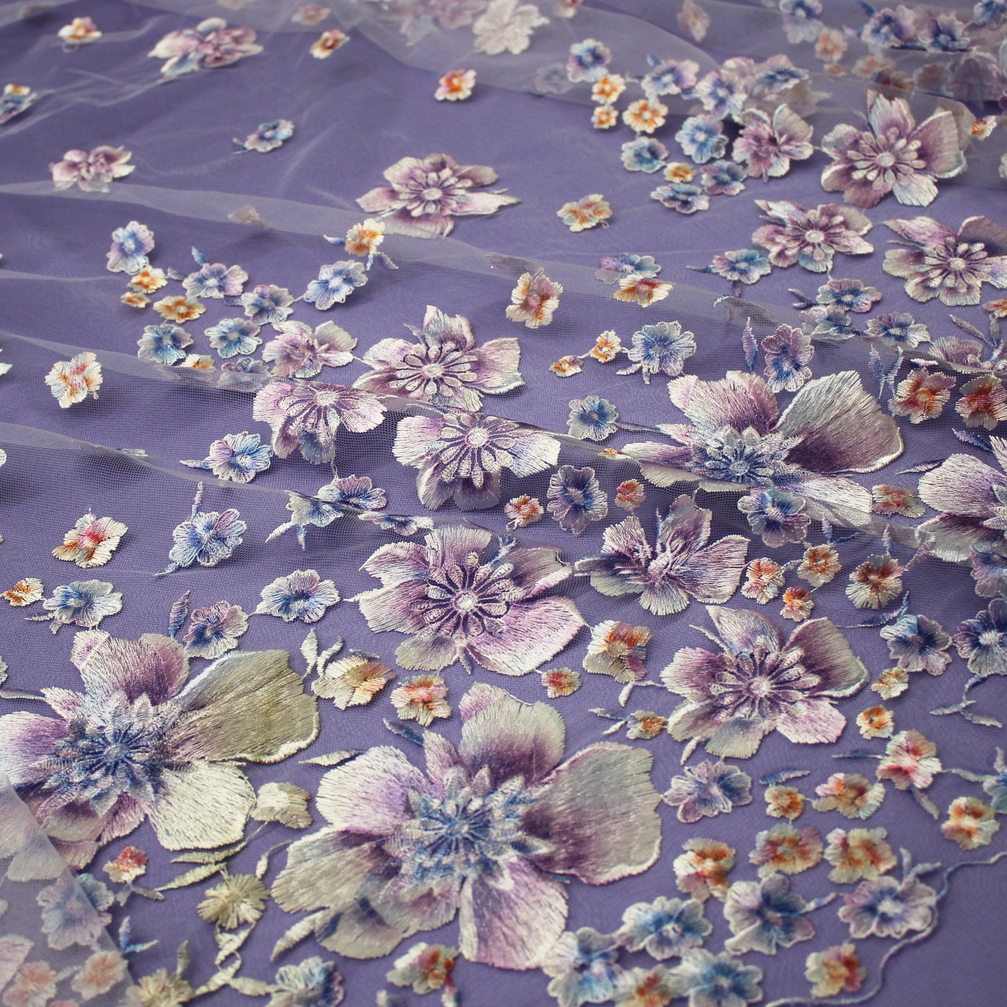 Embroidered Tulle with Printed Thread and Degradé Flowers