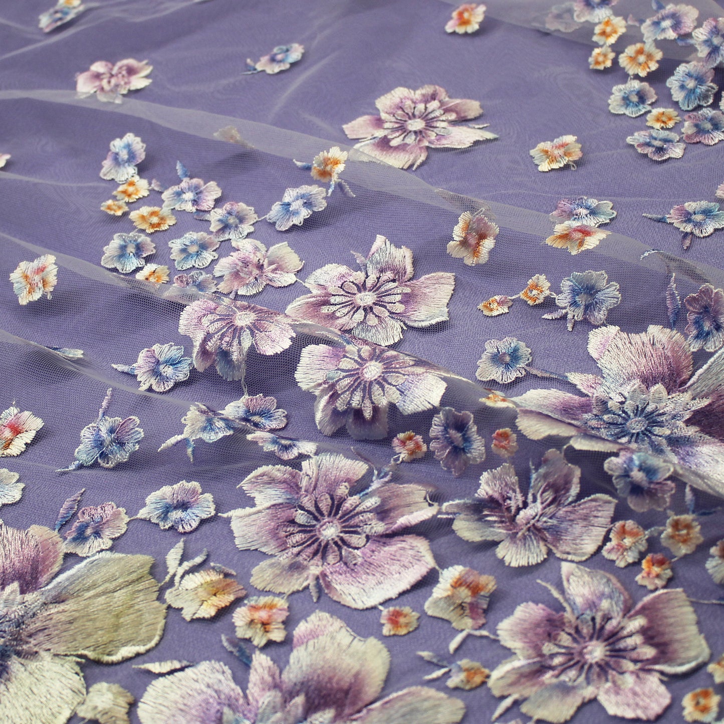 Embroidered Tulle with Printed Thread and Degradé Flowers