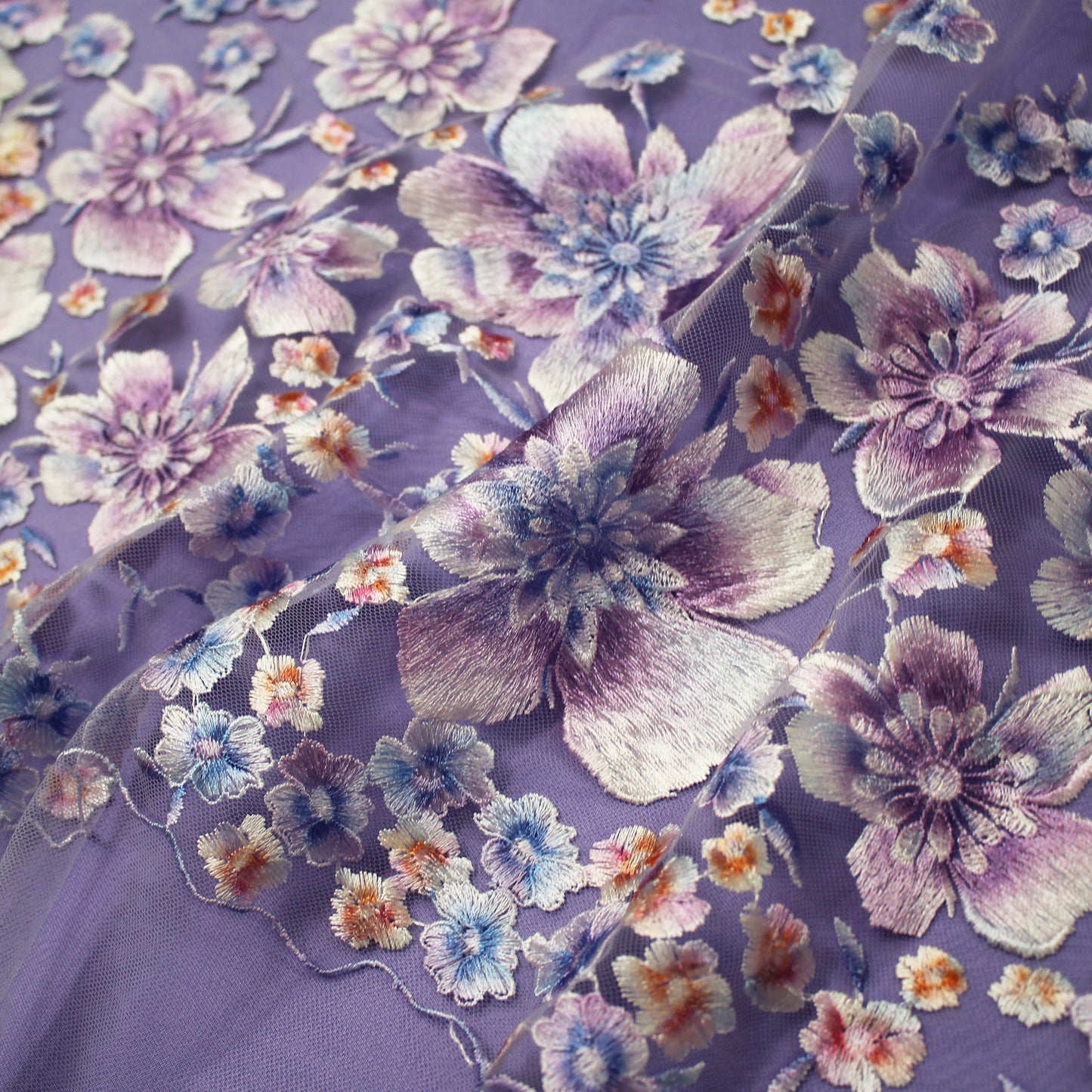 Embroidered Tulle with Printed Thread and Degradé Flowers