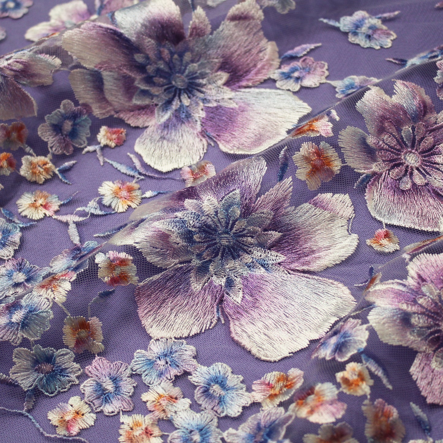 Embroidered Tulle with Printed Thread and Degradé Flowers