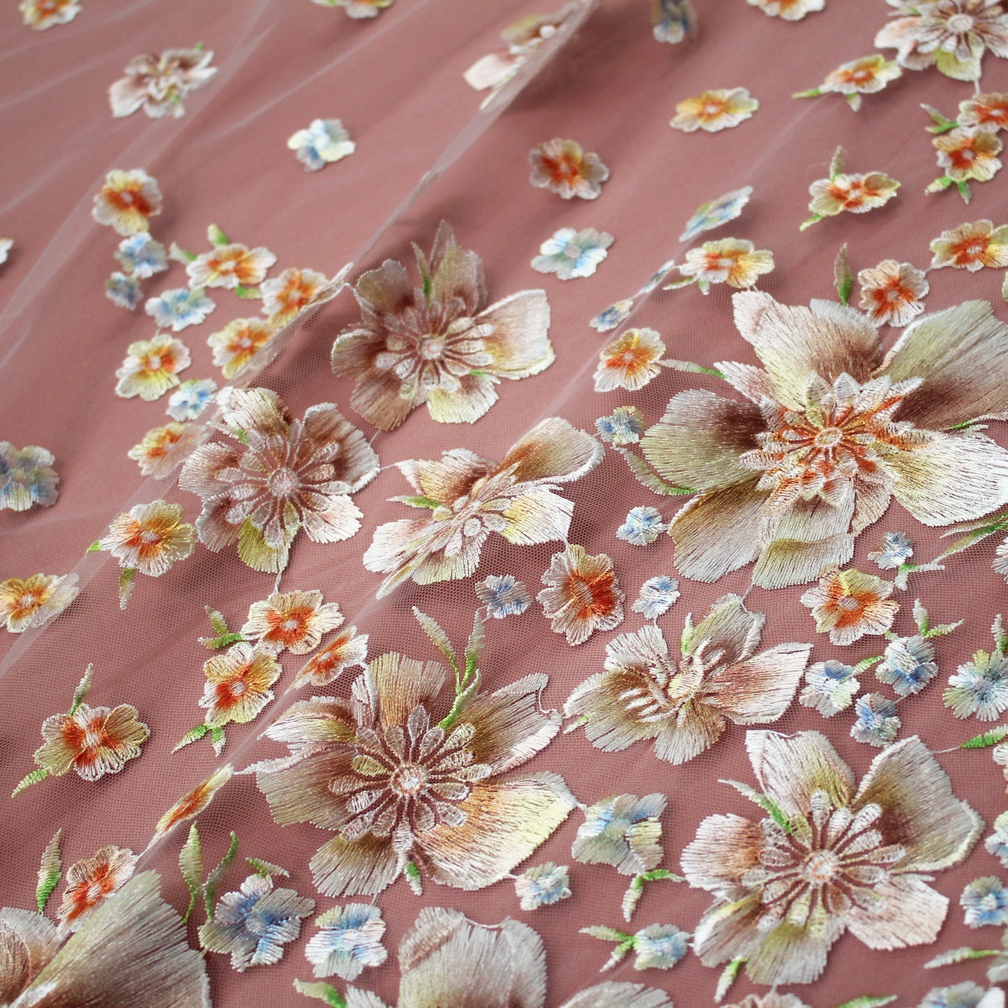 Embroidered Tulle with Printed Thread and Degradé Flowers