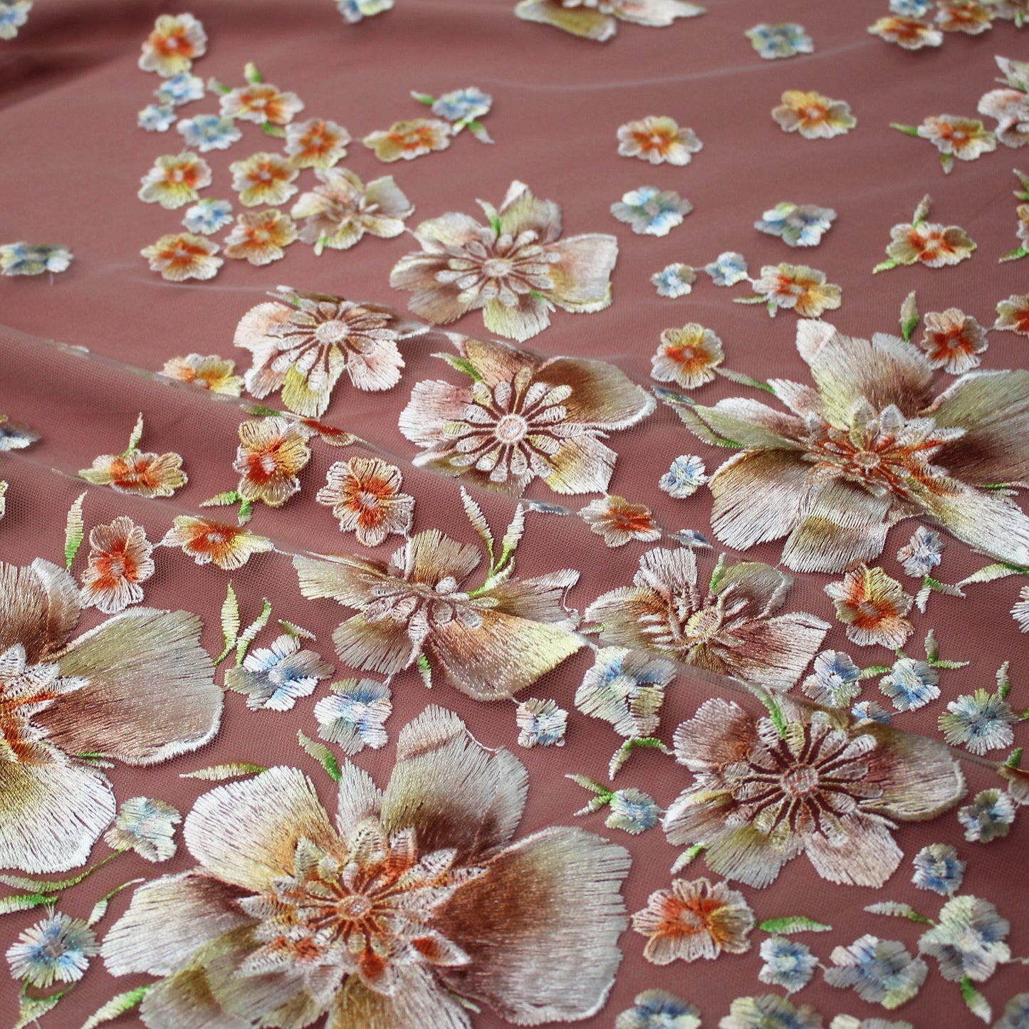 Embroidered Tulle with Printed Thread and Degradé Flowers