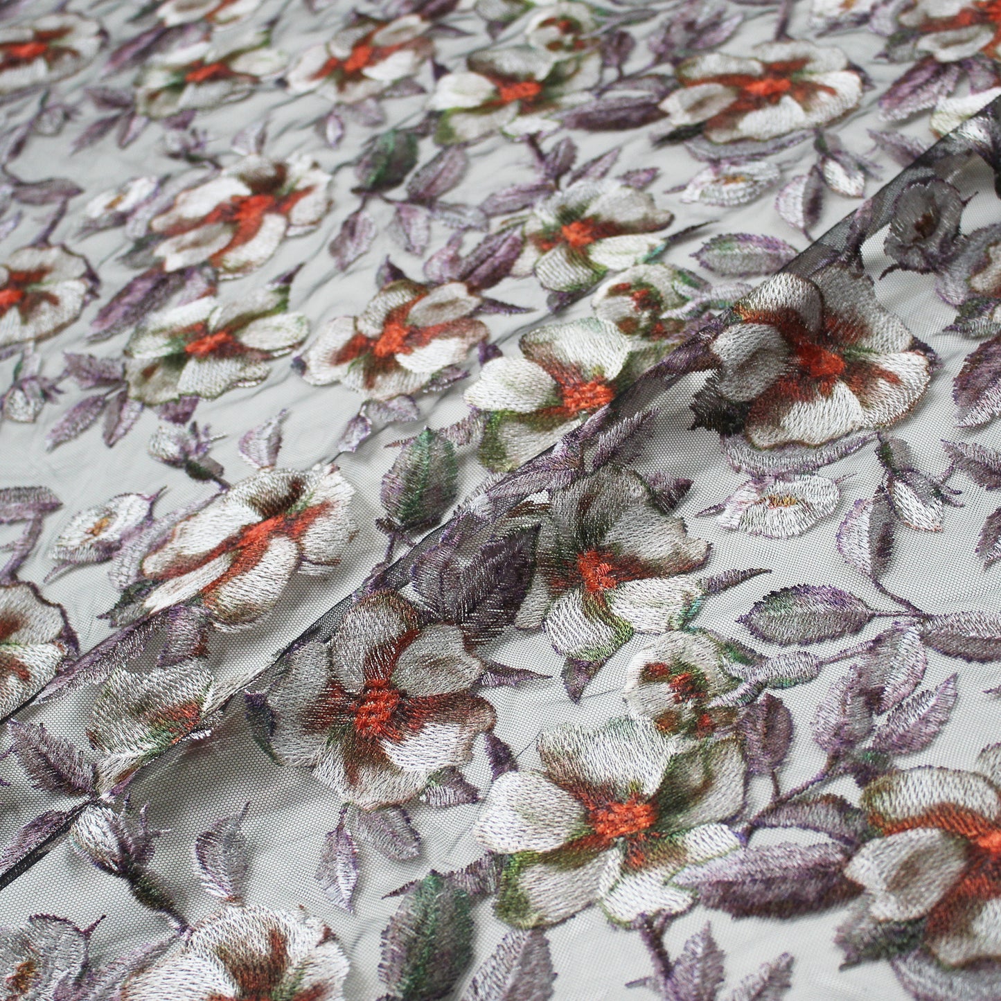 Embroidered Tulle with Printed Floral Thread