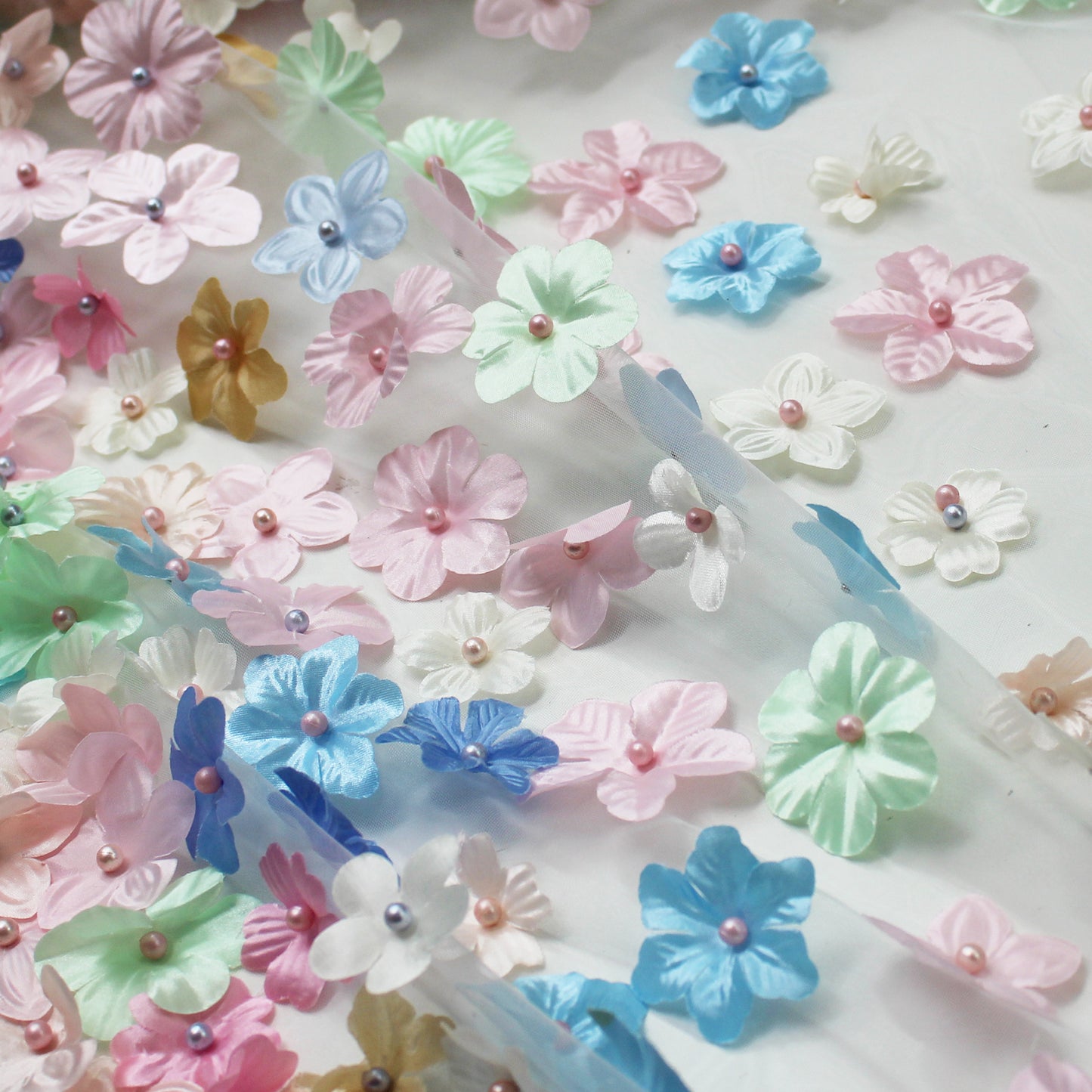 Embroidered Tulle with 3D Degradé Flowers in Multicolor Organza and Beads
