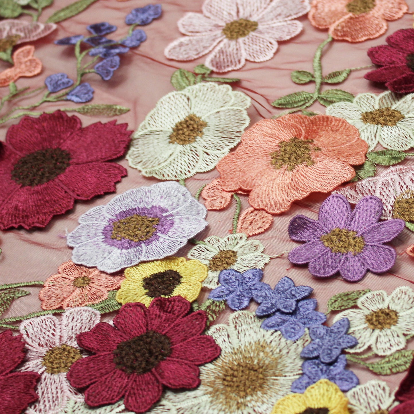 3D Multiform Flower and Leaf Embroidered Tulle