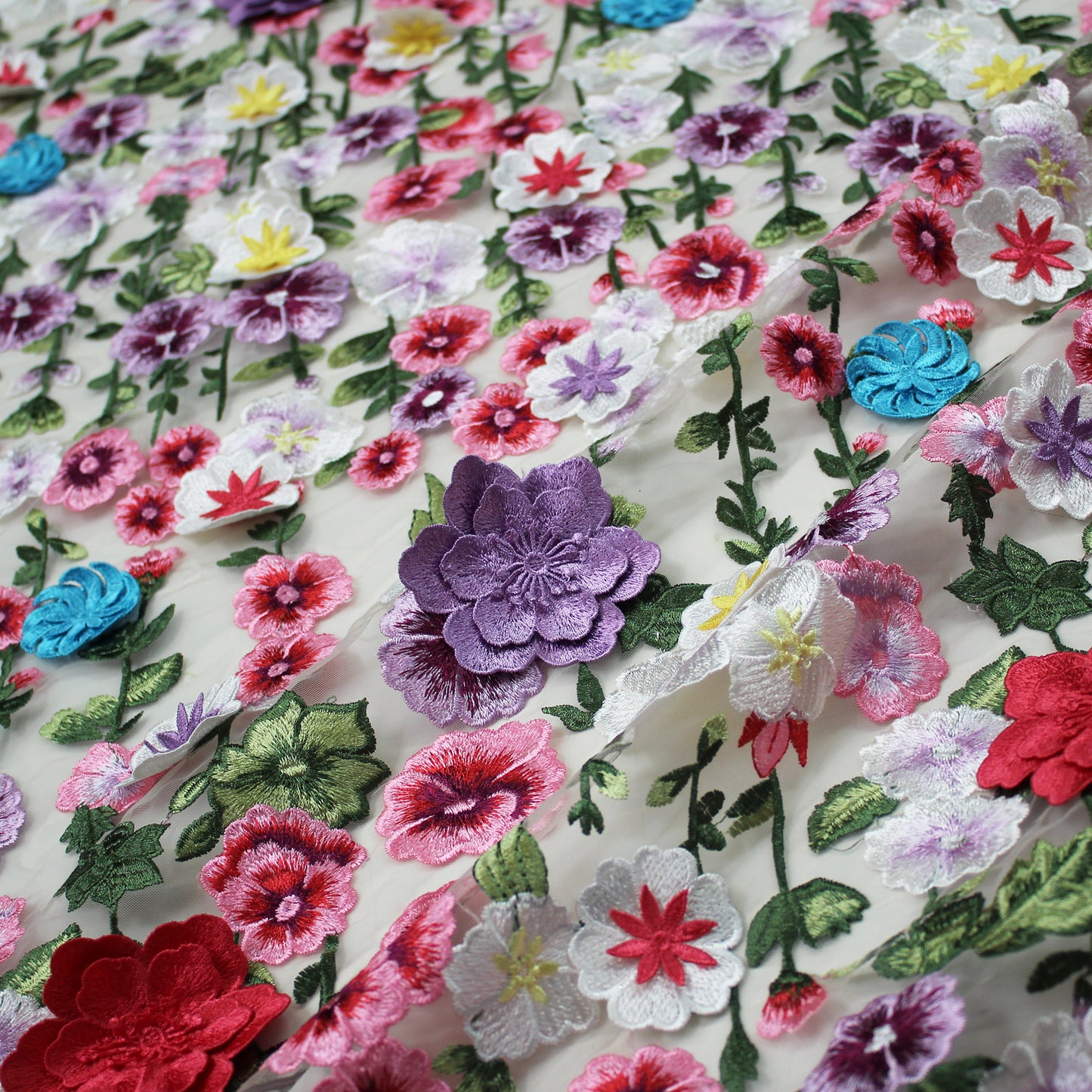 Embroidered Tulle with 3D Flowers and Multicolor Thread Embroidery