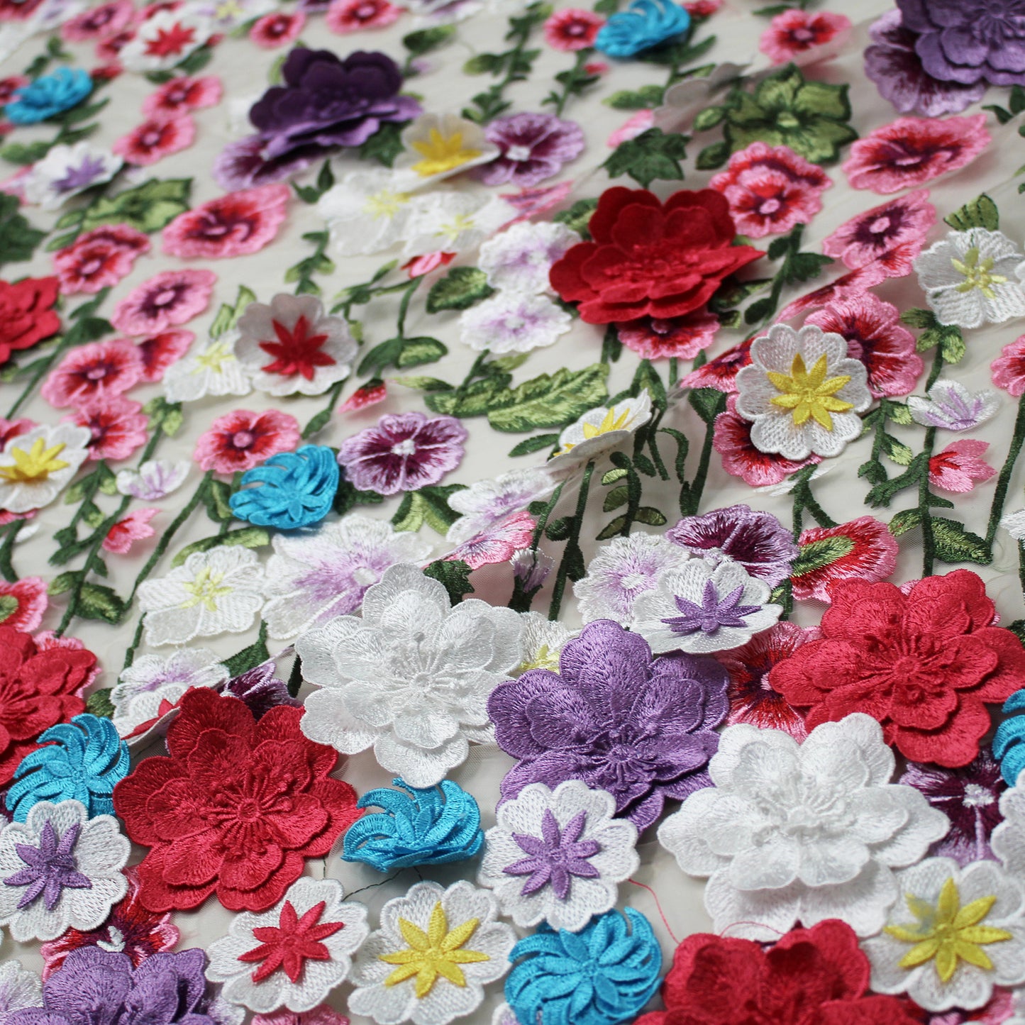Embroidered Tulle with 3D Flowers and Multicolor Thread Embroidery