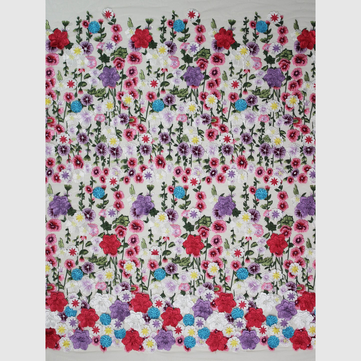 Embroidered Tulle with 3D Flowers and Multicolor Thread Embroidery