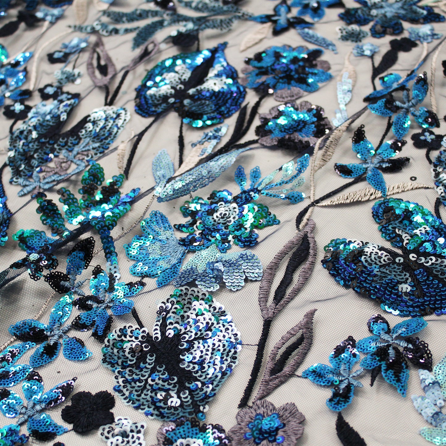 Embroidered Tulle with Large Multicolor Flowers and Leaves