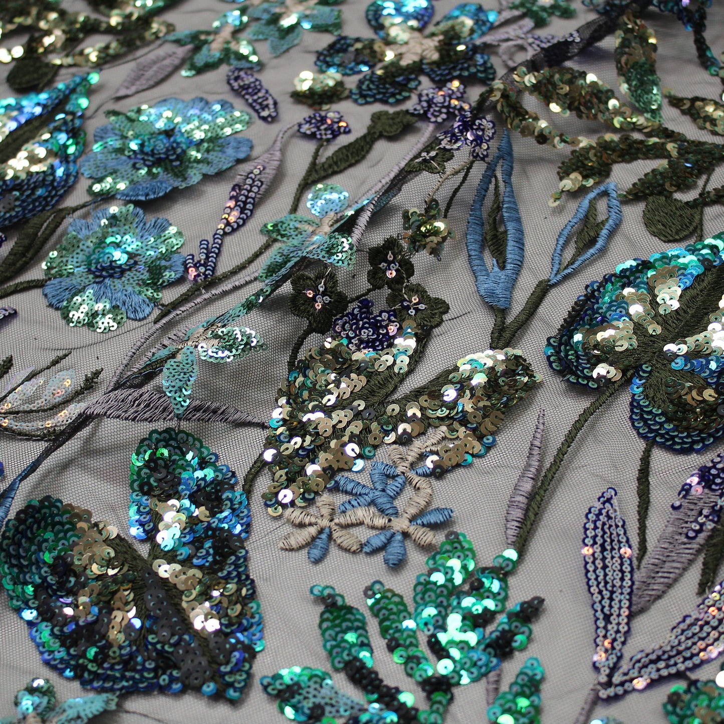 Embroidered Tulle with Large Multicolor Flowers and Leaves