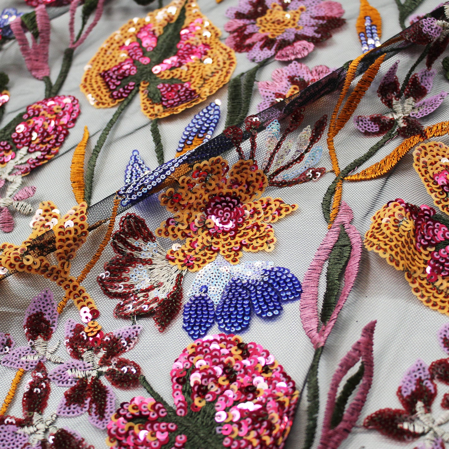 Embroidered Tulle with Large Multicolor Flowers and Leaves