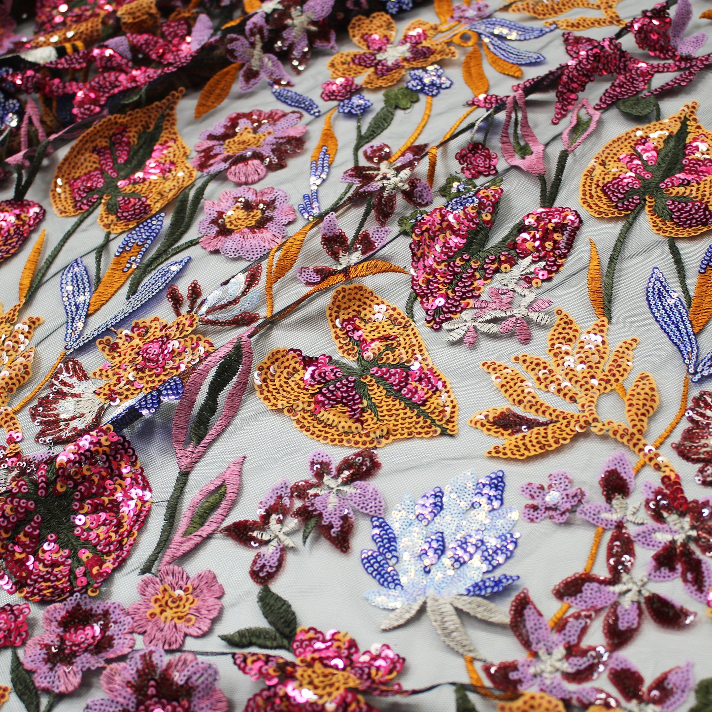 Embroidered Tulle with Large Multicolor Flowers and Leaves