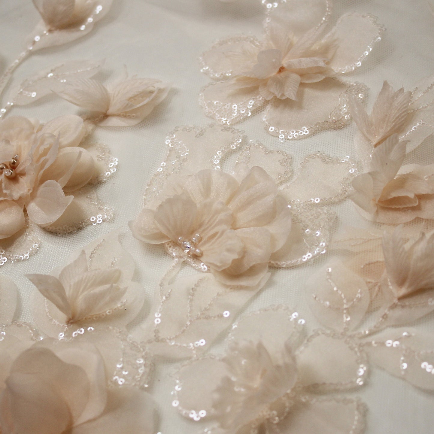 Embroidered Tulle with Organza Flowers, Beads, Corals, and Paillettes