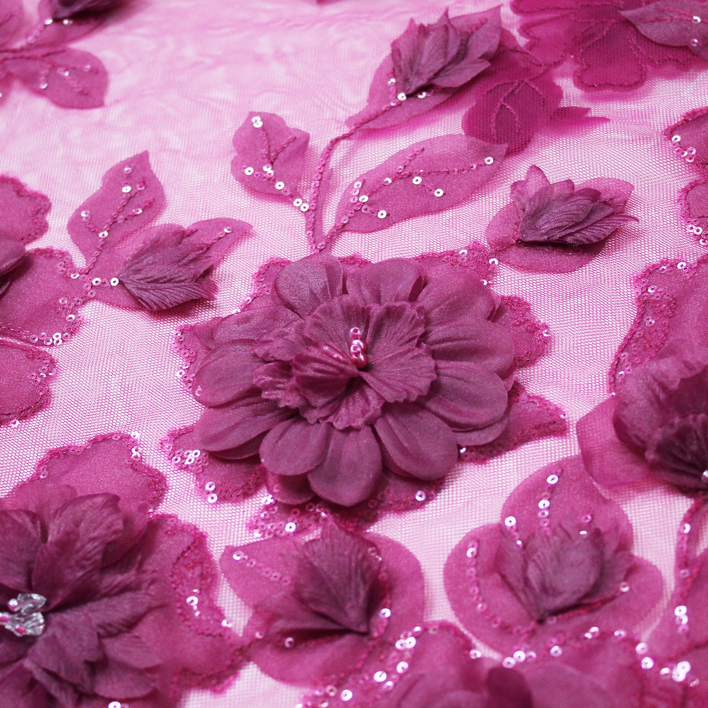 Embroidered Tulle with Organza Flowers, Beads, Corals, and Paillettes
