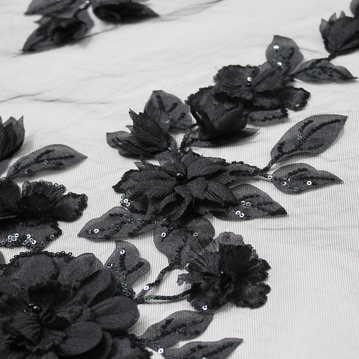 Embroidered Tulle with Organza Flowers, Beads, Corals, and Paillettes
