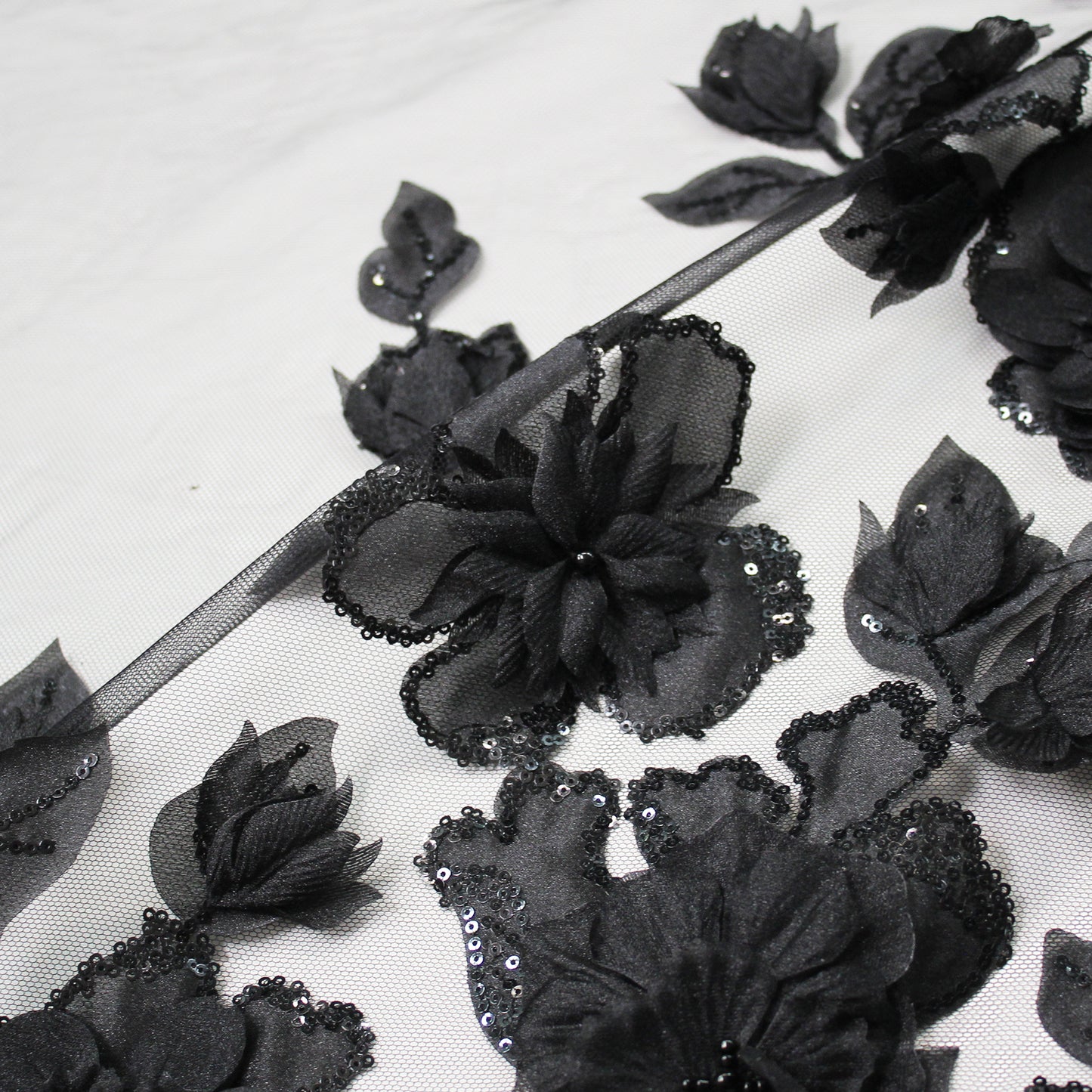 Embroidered Tulle with Organza Flowers, Beads, Corals, and Paillettes