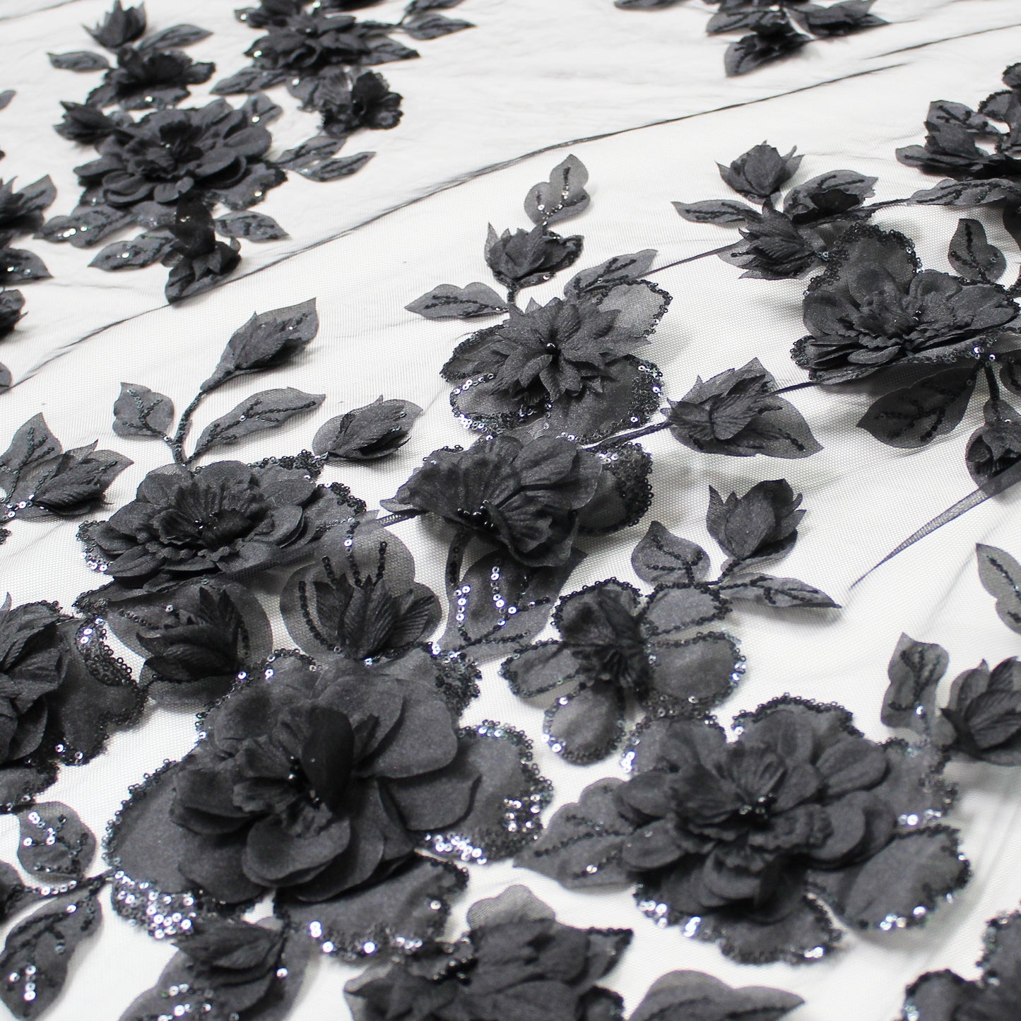 Embroidered Tulle with Organza Flowers, Beads, Corals, and Paillettes
