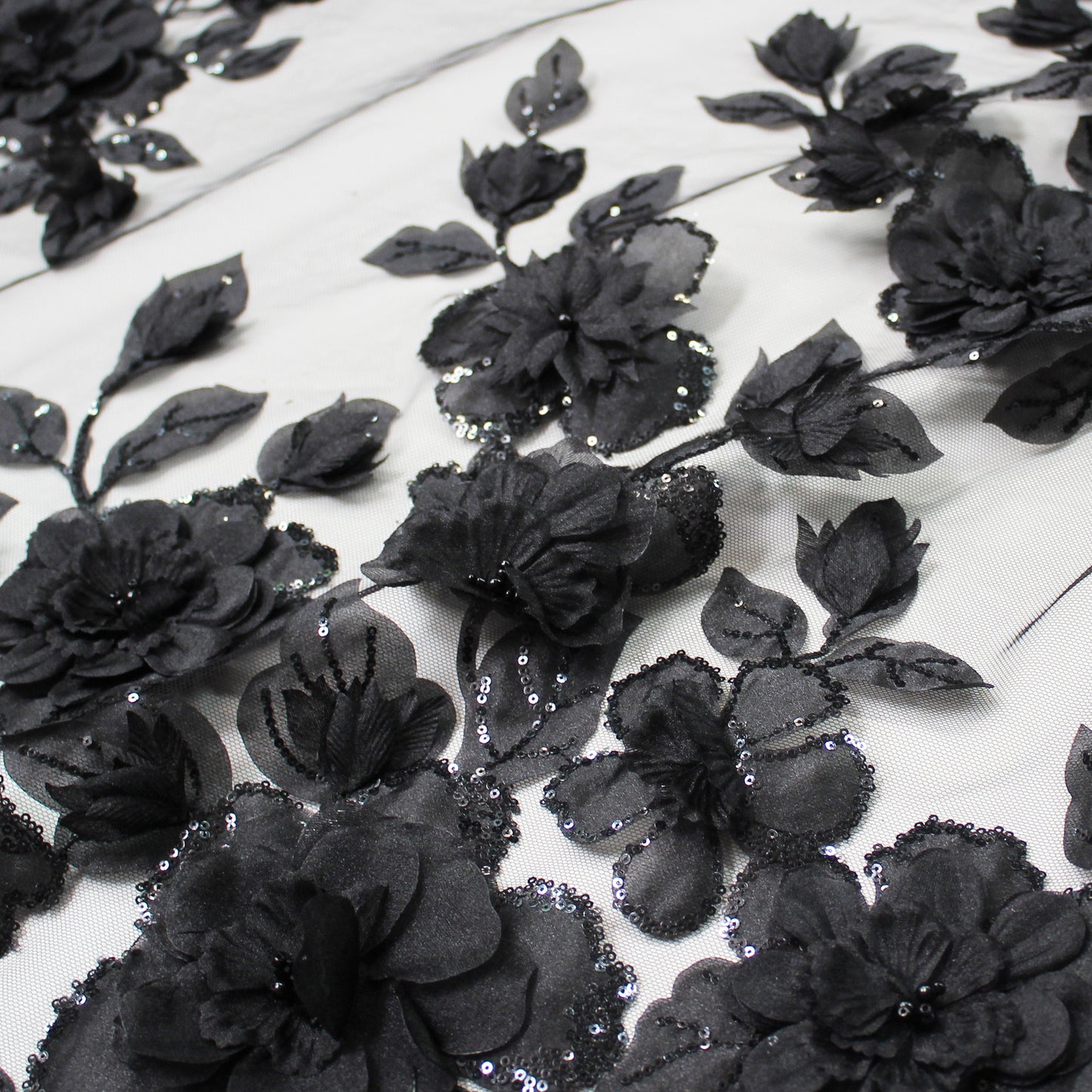 Embroidered Tulle with Organza Flowers, Beads, Corals, and Paillettes