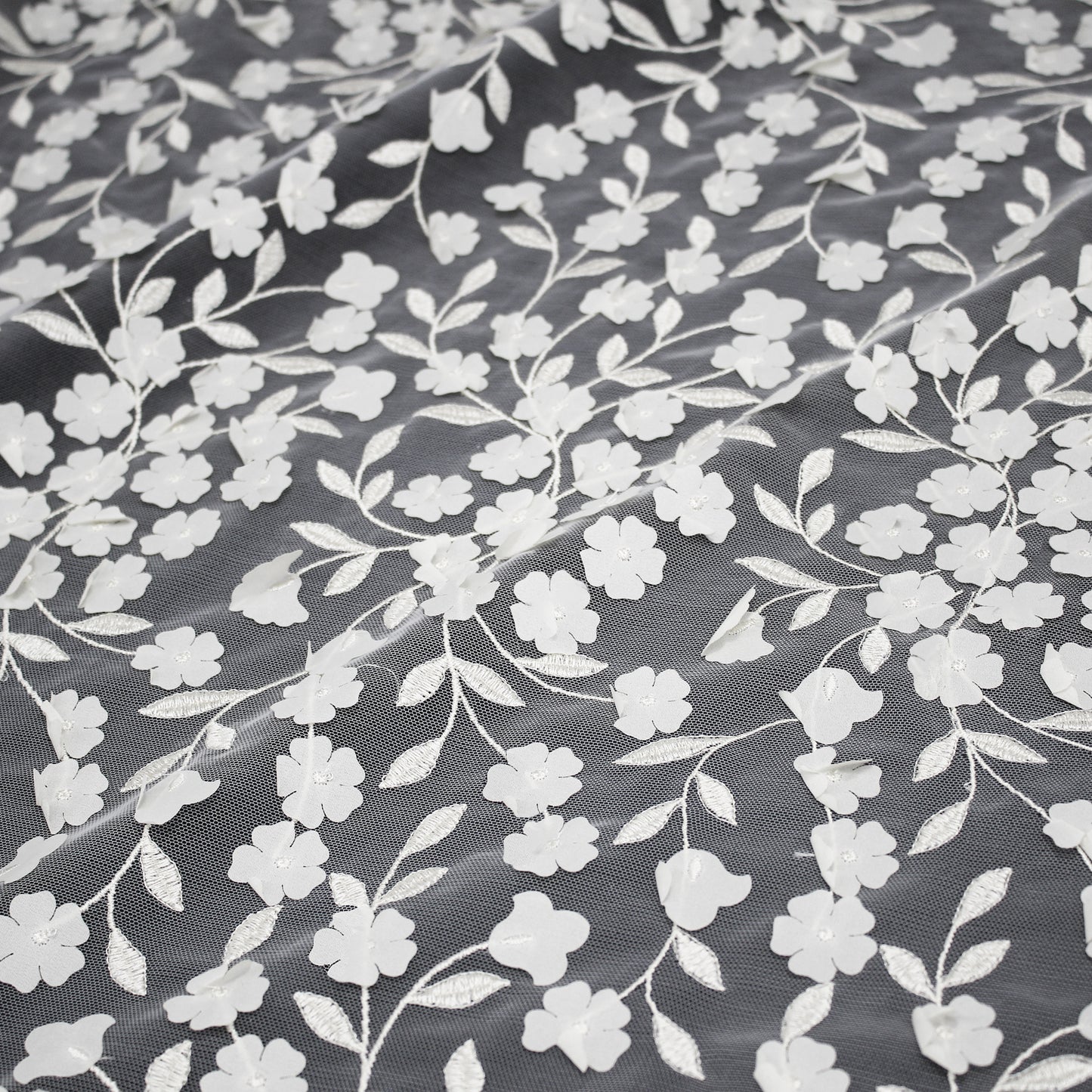 Embroidered Tulle with Raised Flowers and Embroidered Leaves