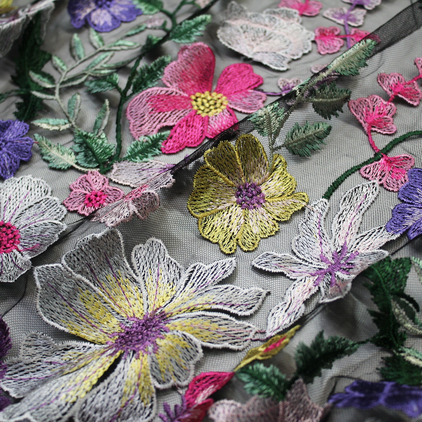 Embroidered Nude Tulle with Multicolor 3D Flowers