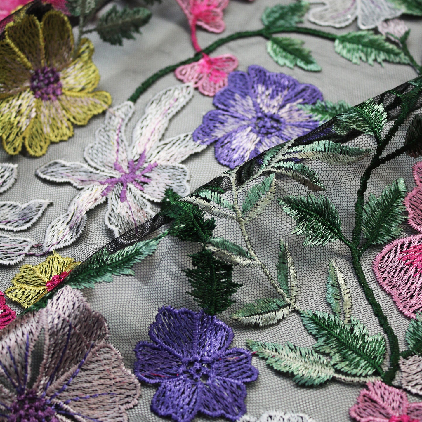 Embroidered Nude Tulle with Multicolor 3D Flowers