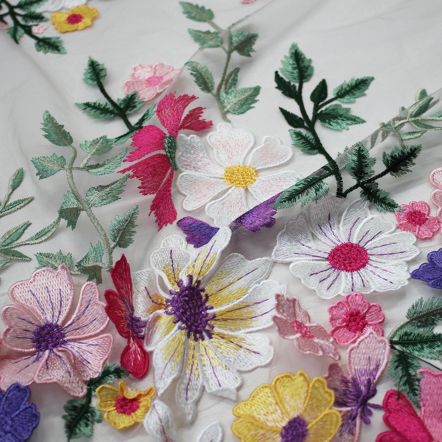 Embroidered Nude Tulle with Multicolor 3D Flowers