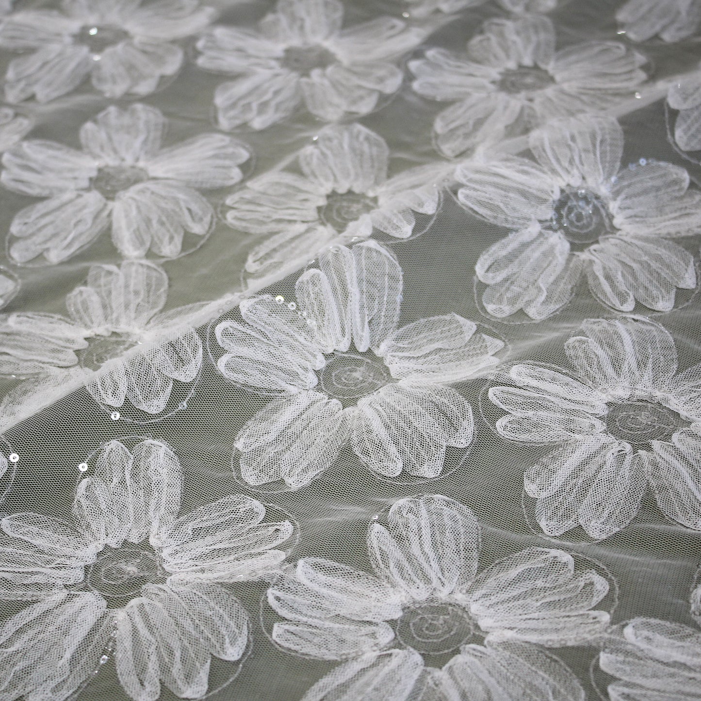 Embroidered Tulle with 3D Tulle Flowers and Paillettes
