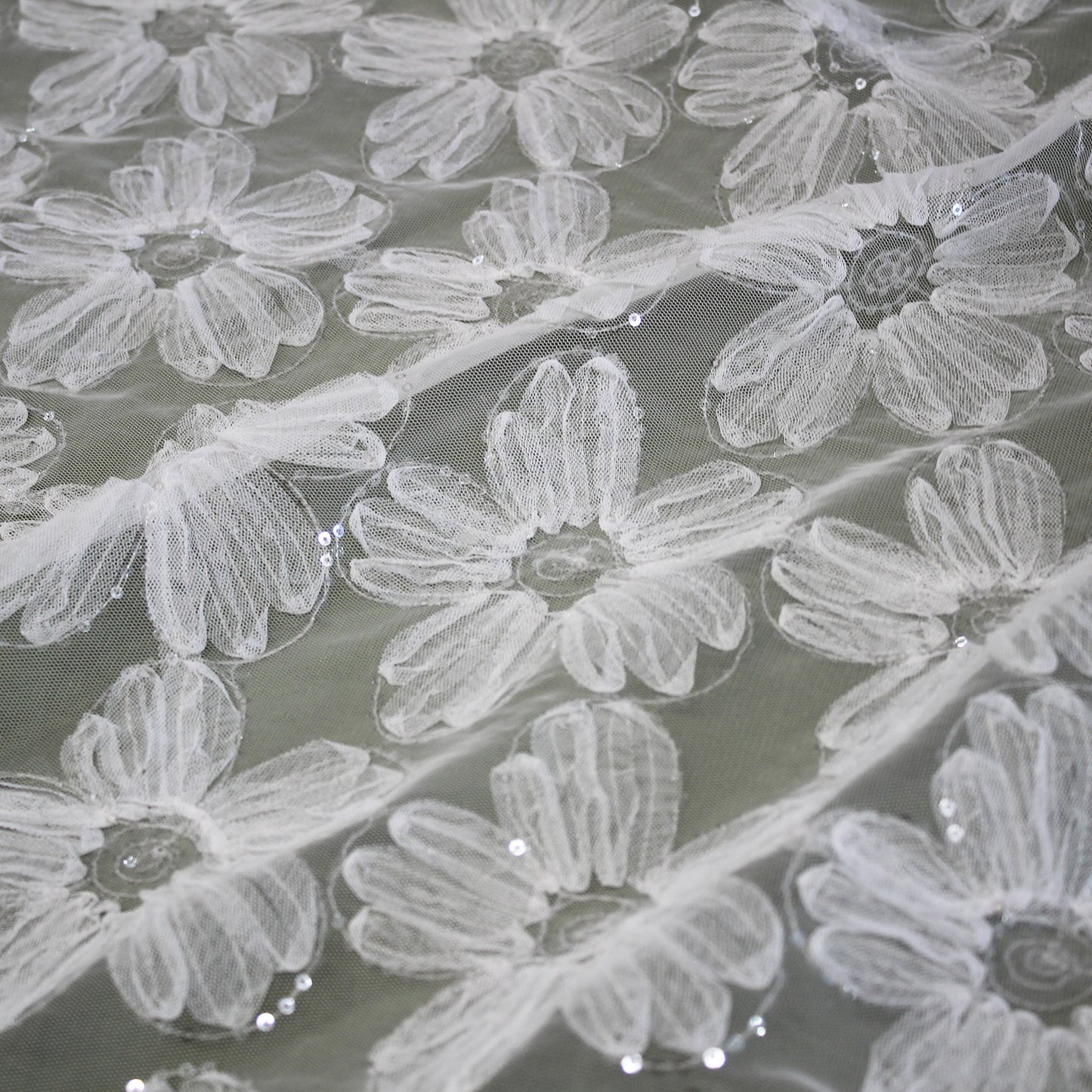 Embroidered Tulle with 3D Tulle Flowers and Paillettes