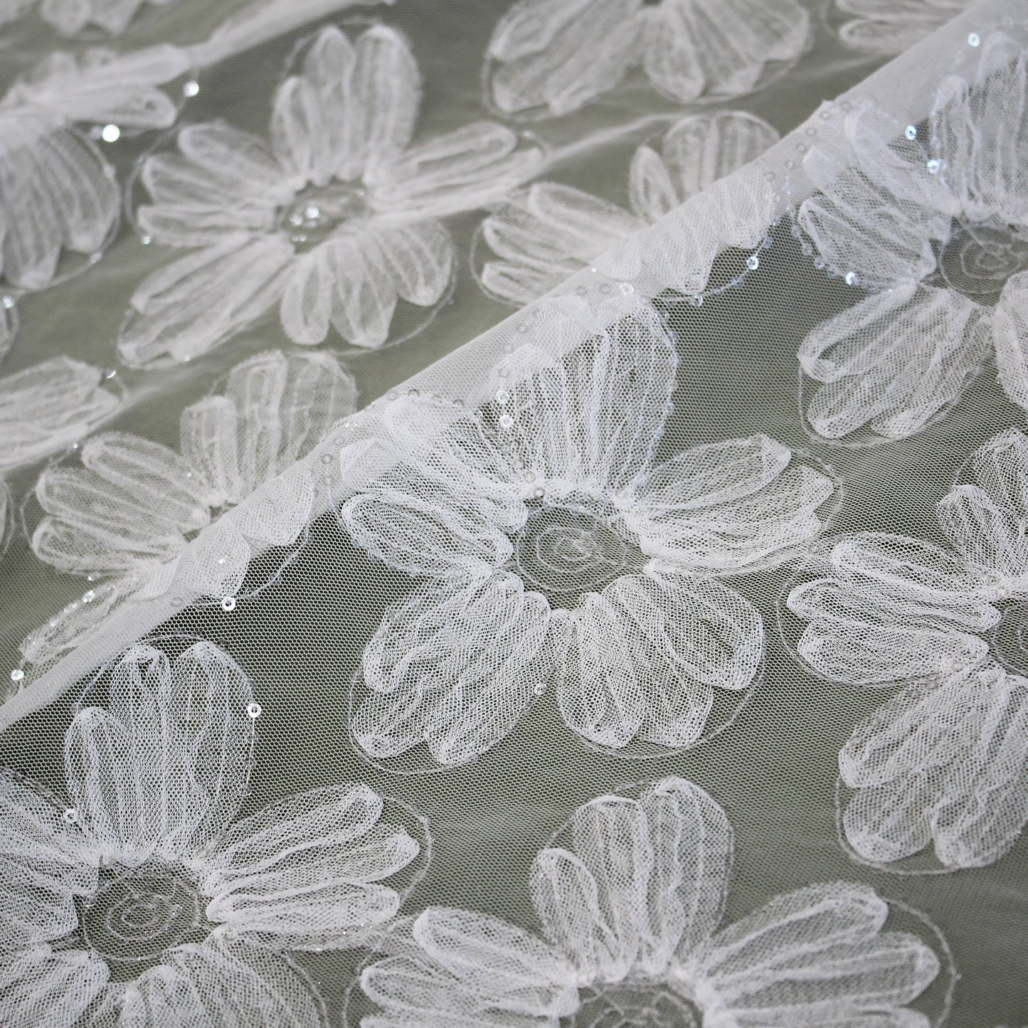 Embroidered Tulle with 3D Tulle Flowers and Paillettes