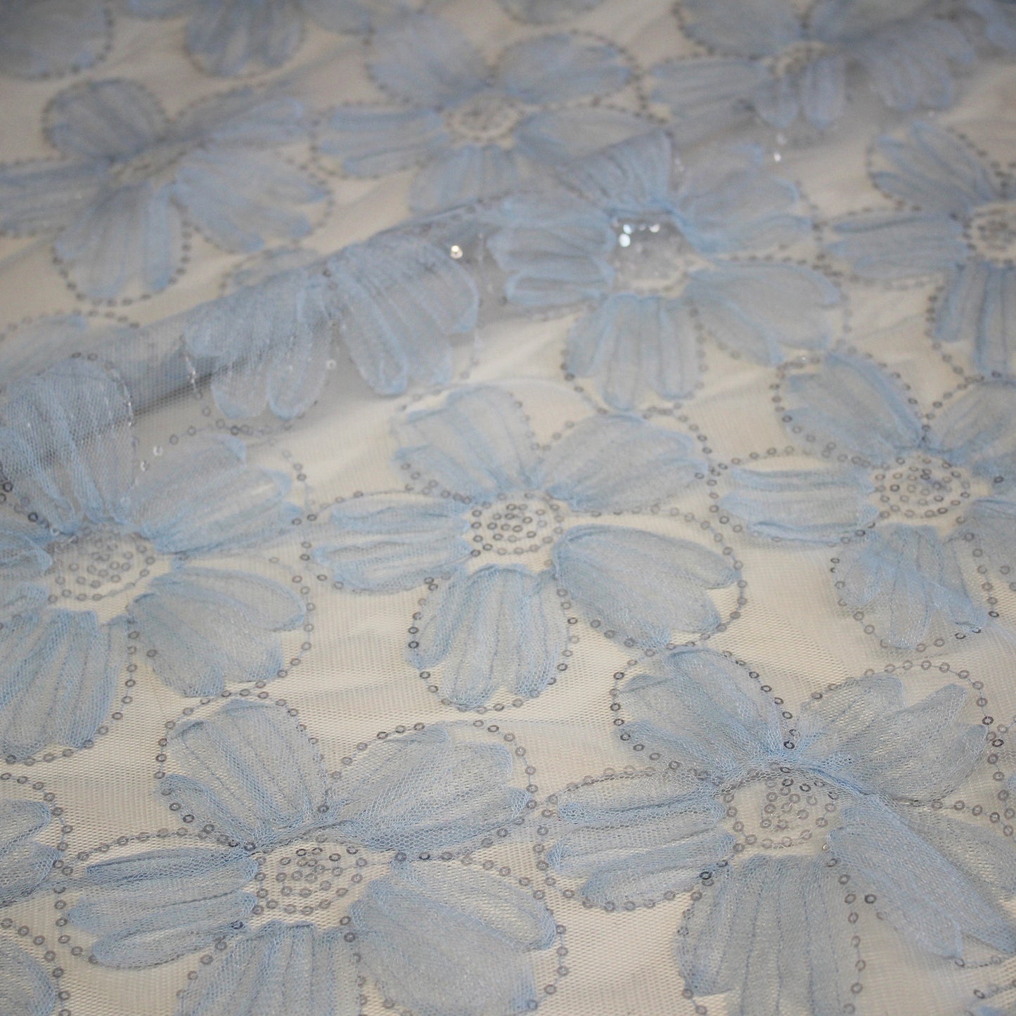 Embroidered Tulle with 3D Tulle Flowers and Paillettes