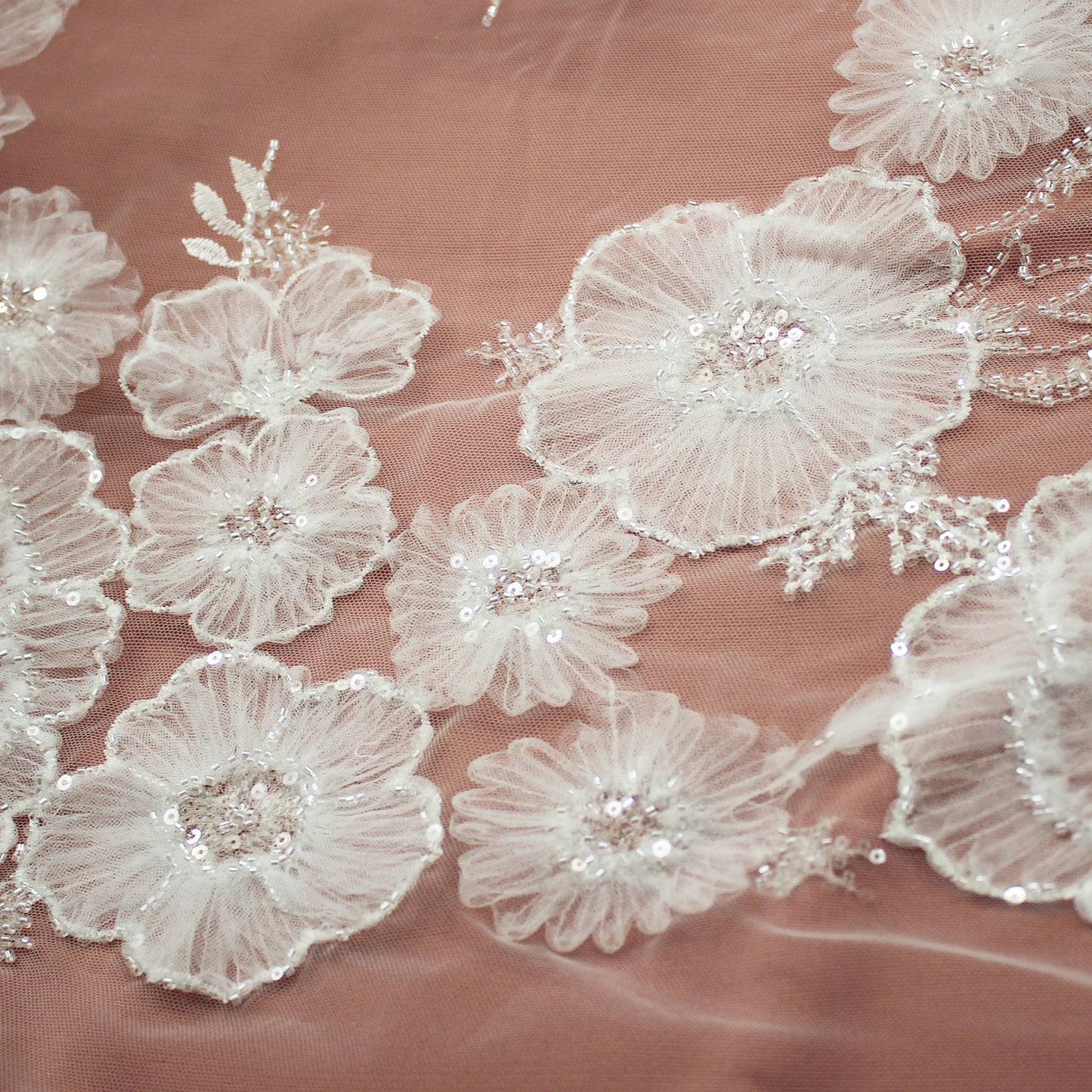 Embroidered Tulle with Tulle Flowers, Paillettes, and Coral Beads