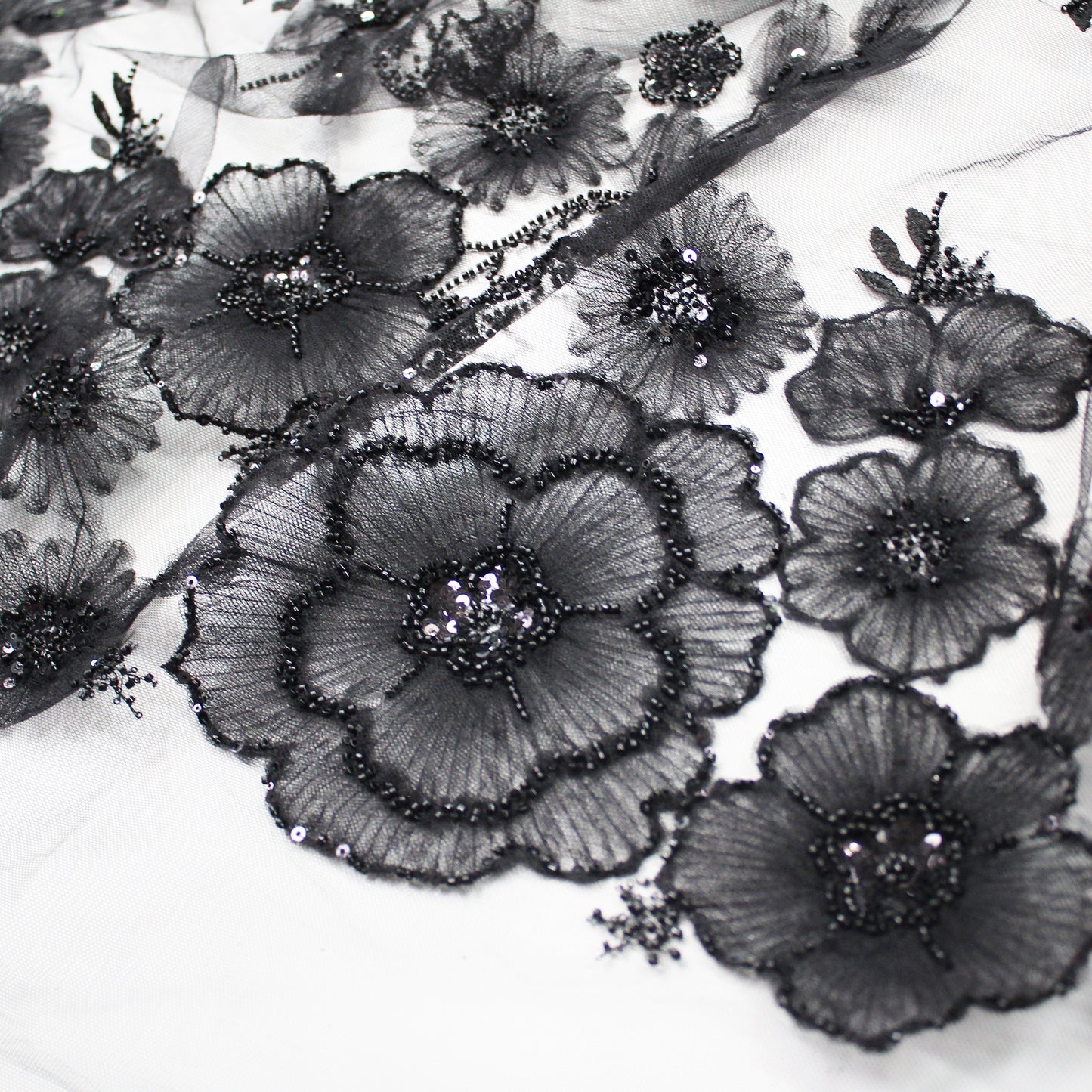 Embroidered Tulle with Tulle Flowers, Paillettes, and Coral Beads