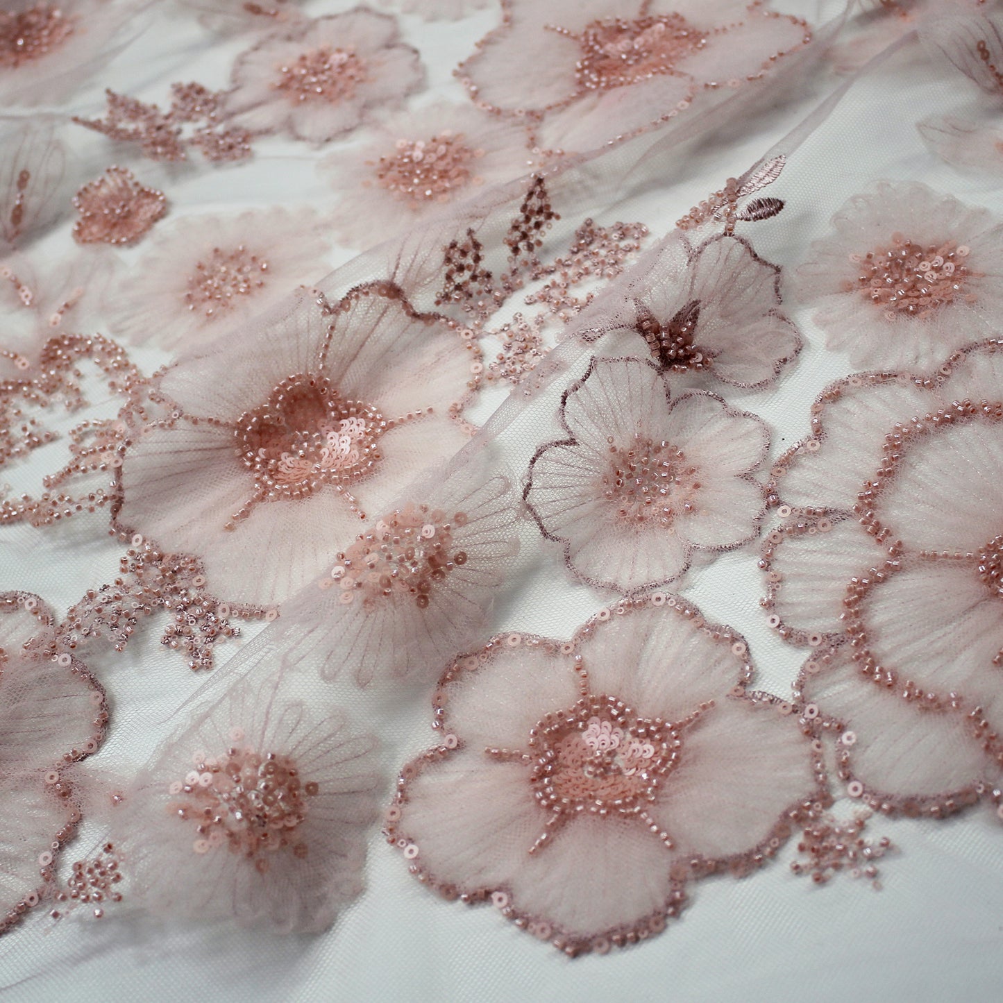Embroidered Tulle with Tulle Flowers, Paillettes, and Coral Beads