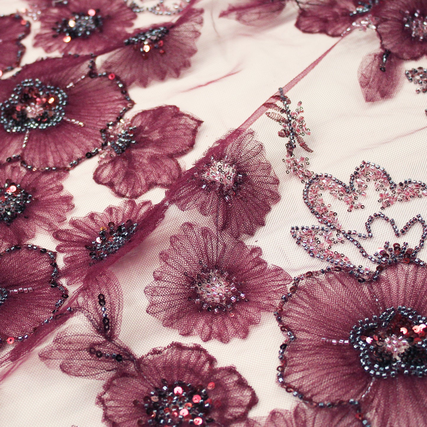 Embroidered Tulle with Tulle Flowers, Paillettes, and Coral Beads