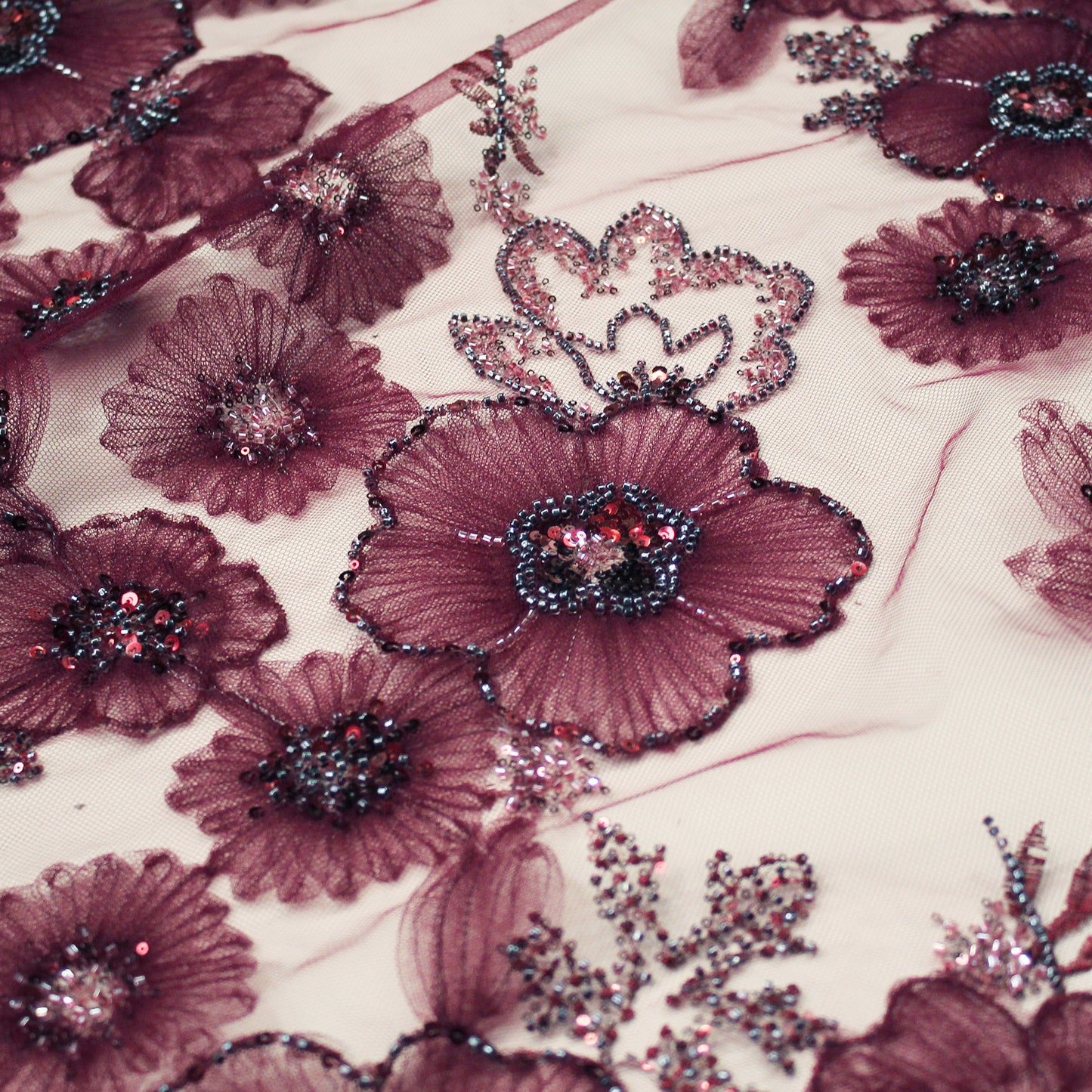 Embroidered Tulle with Tulle Flowers, Paillettes, and Coral Beads