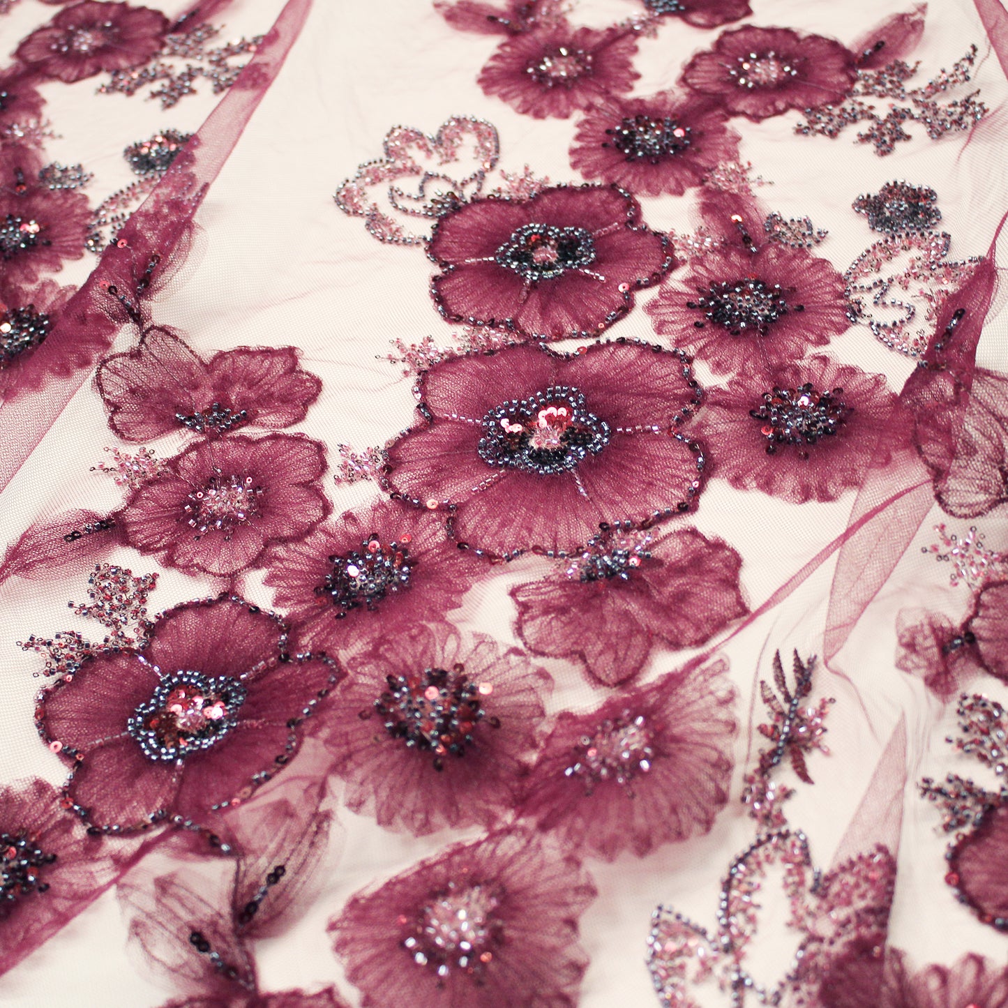 Embroidered Tulle with Tulle Flowers, Paillettes, and Coral Beads