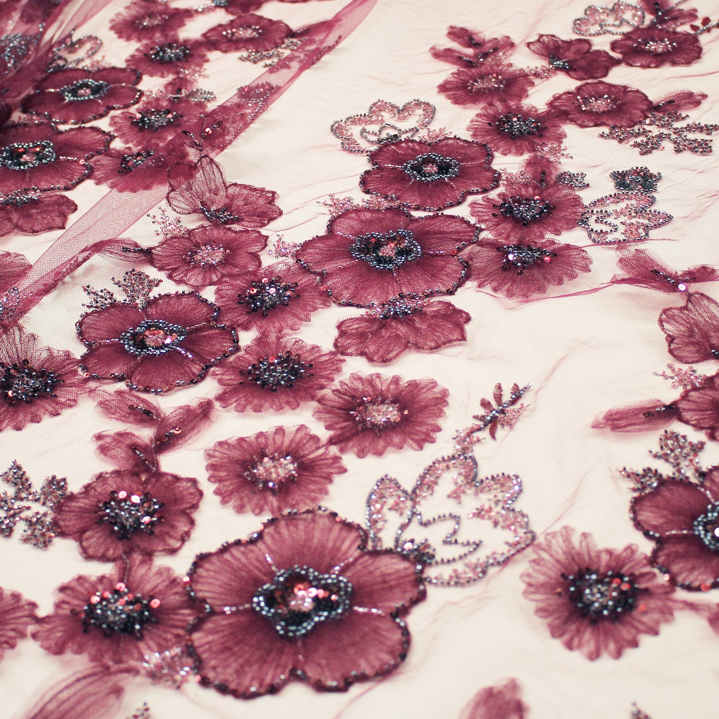 Embroidered Tulle with Tulle Flowers, Paillettes, and Coral Beads
