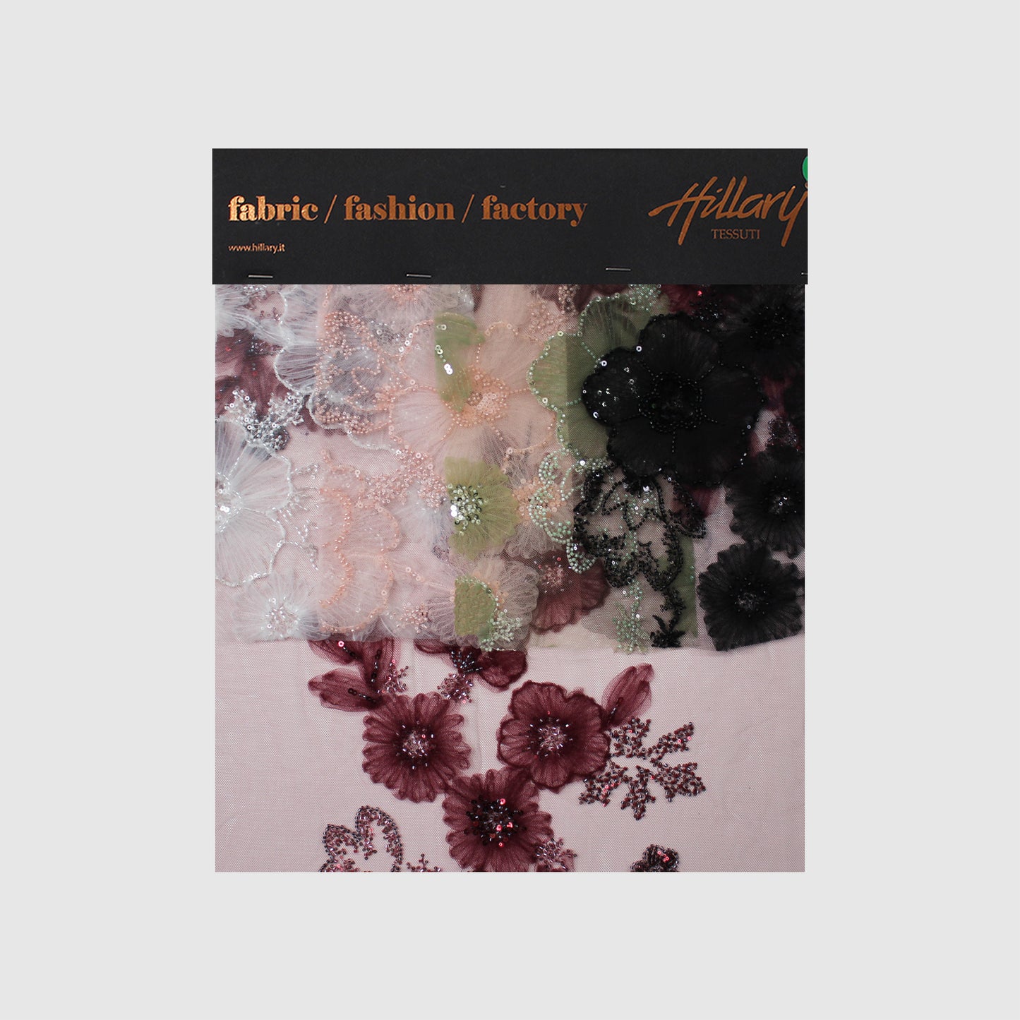 Embroidered Tulle with Tulle Flowers, Paillettes, and Coral Beads