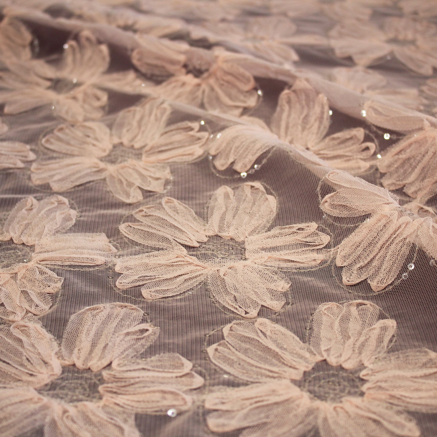 Embroidered Tulle with 3D Tulle Flowers and Paillettes