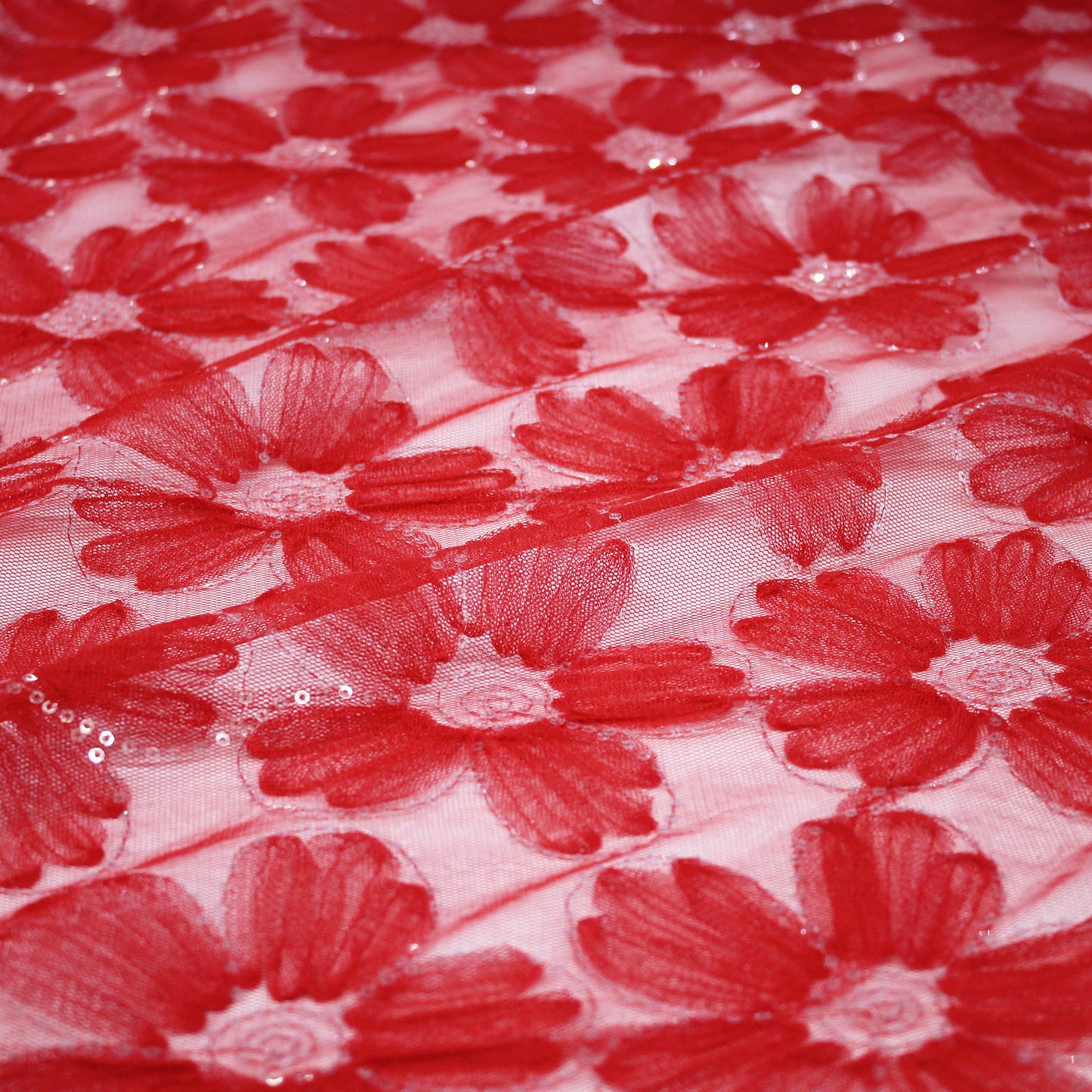 Embroidered Tulle with 3D Tulle Flowers and Paillettes