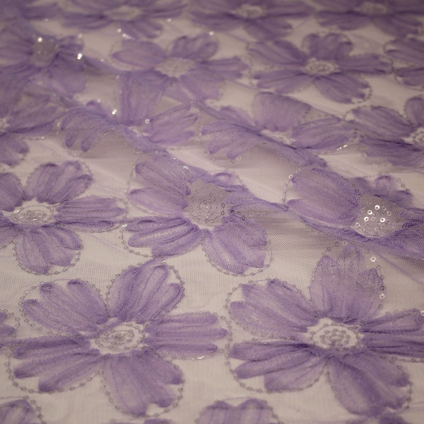Embroidered Tulle with 3D Tulle Flowers and Paillettes